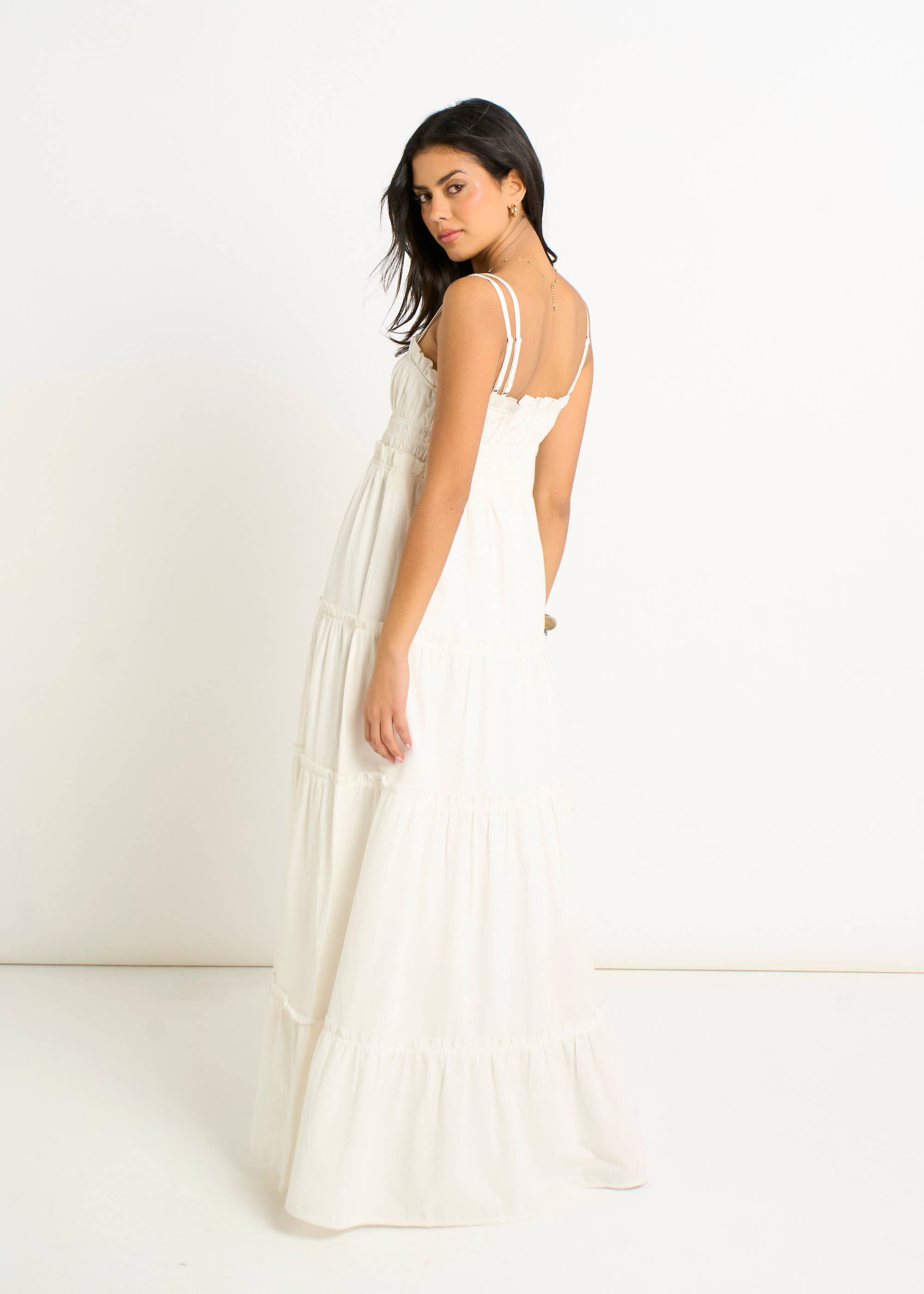 White Cotton Shirred Strappy Flare Maxi Dress