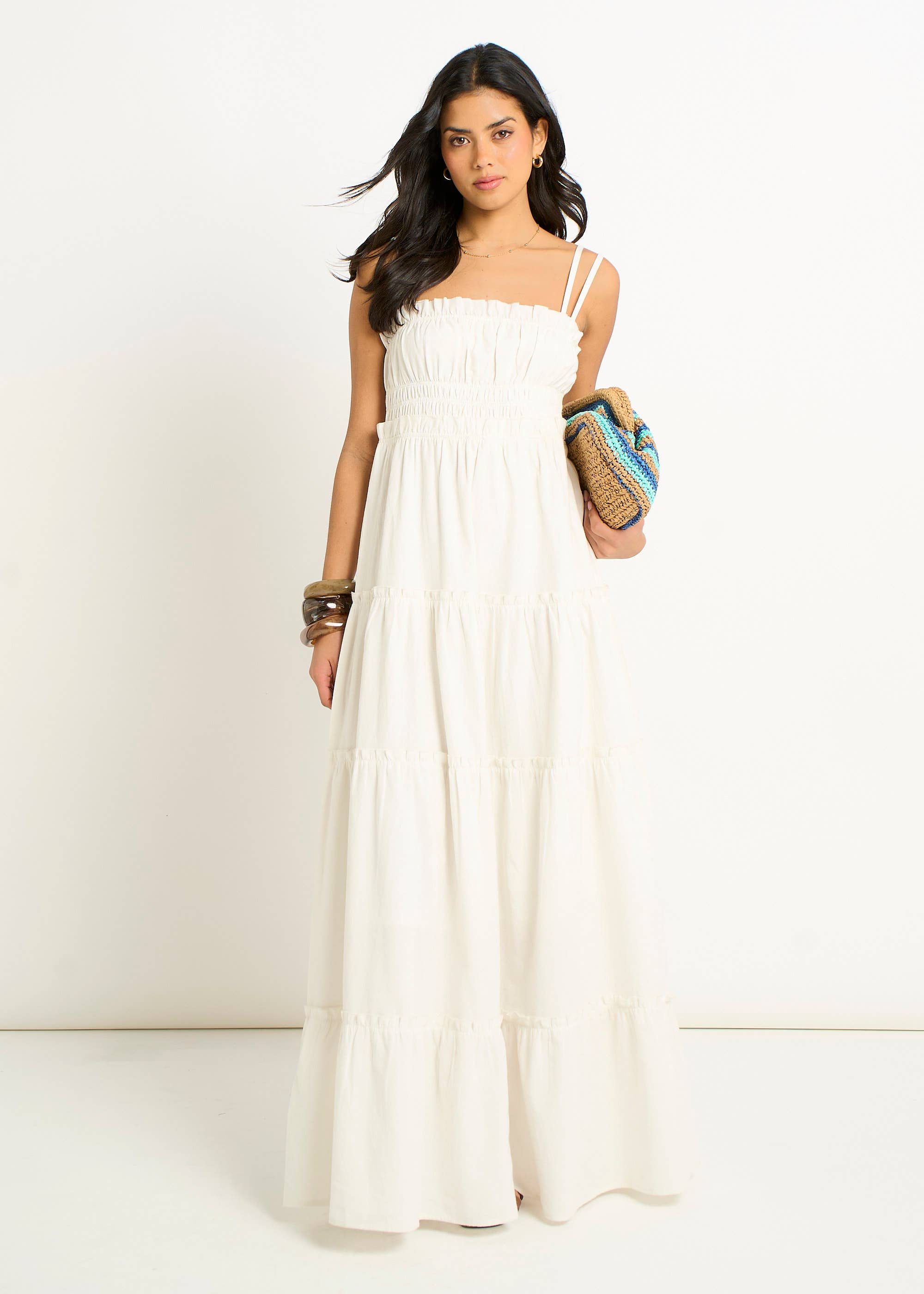 White Cotton Shirred Strappy Flare Maxi Dress