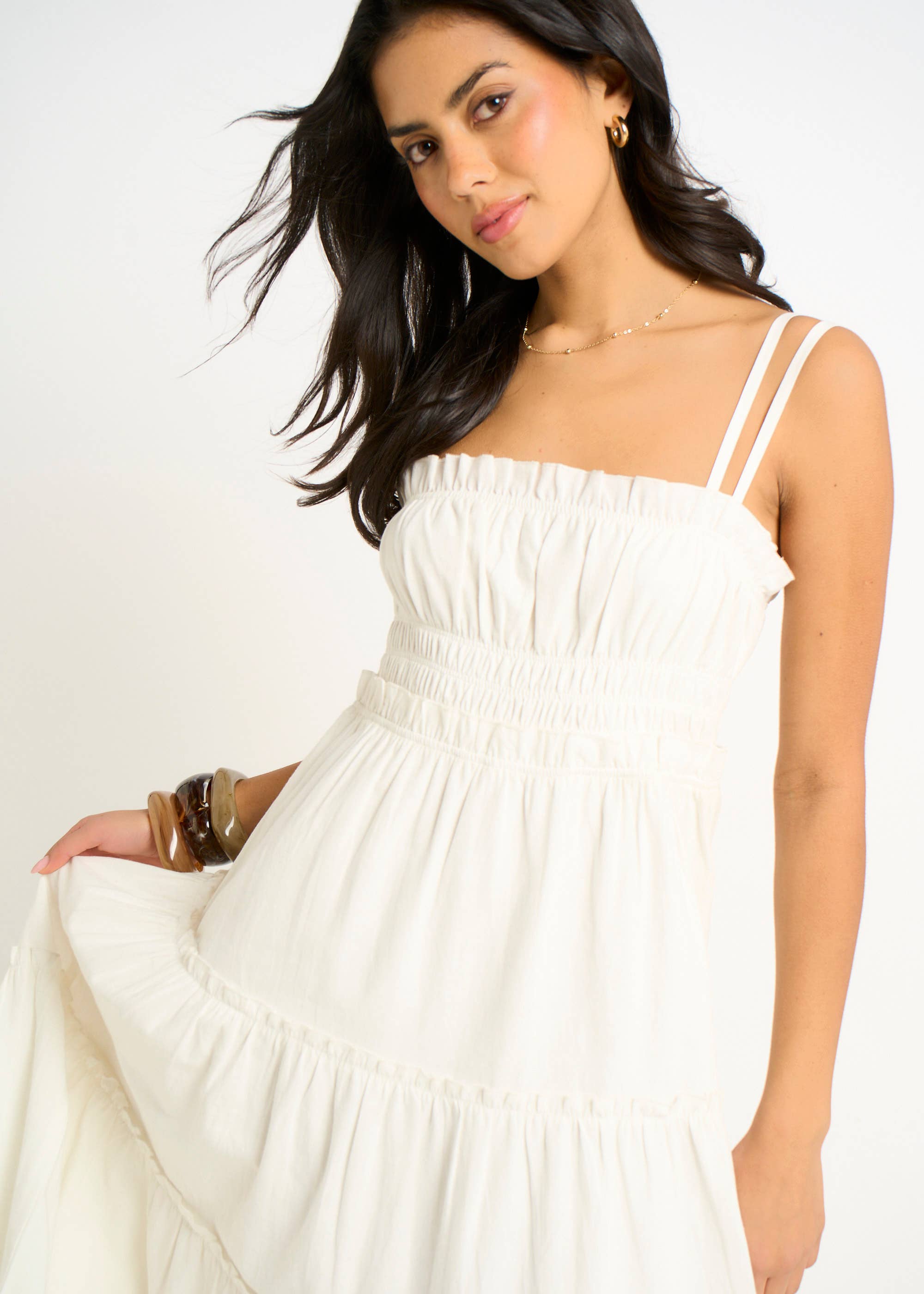 White Cotton Shirred Strappy Flare Maxi Dress
