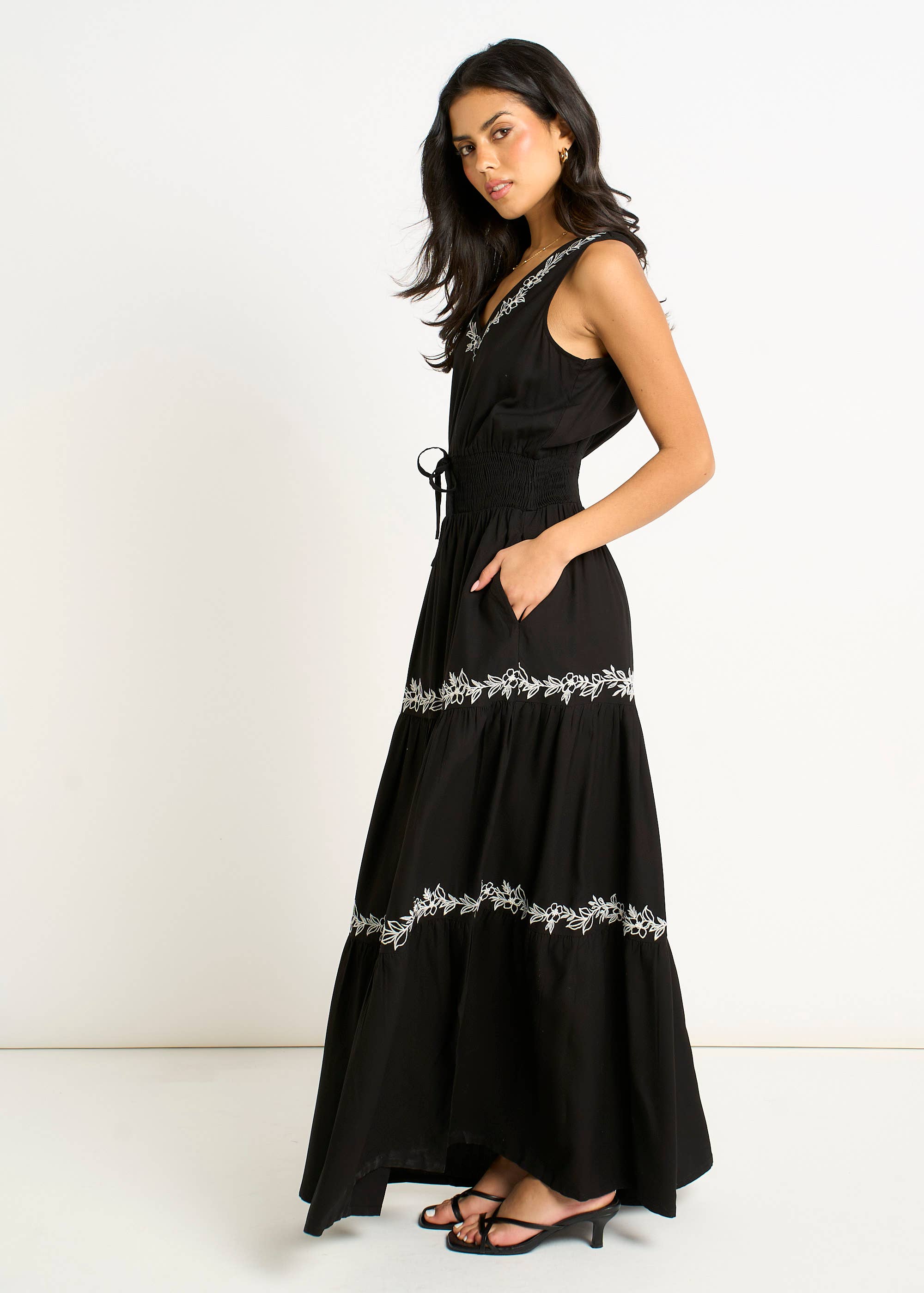 Black Floral Embroidery Tiered Maxi Dress