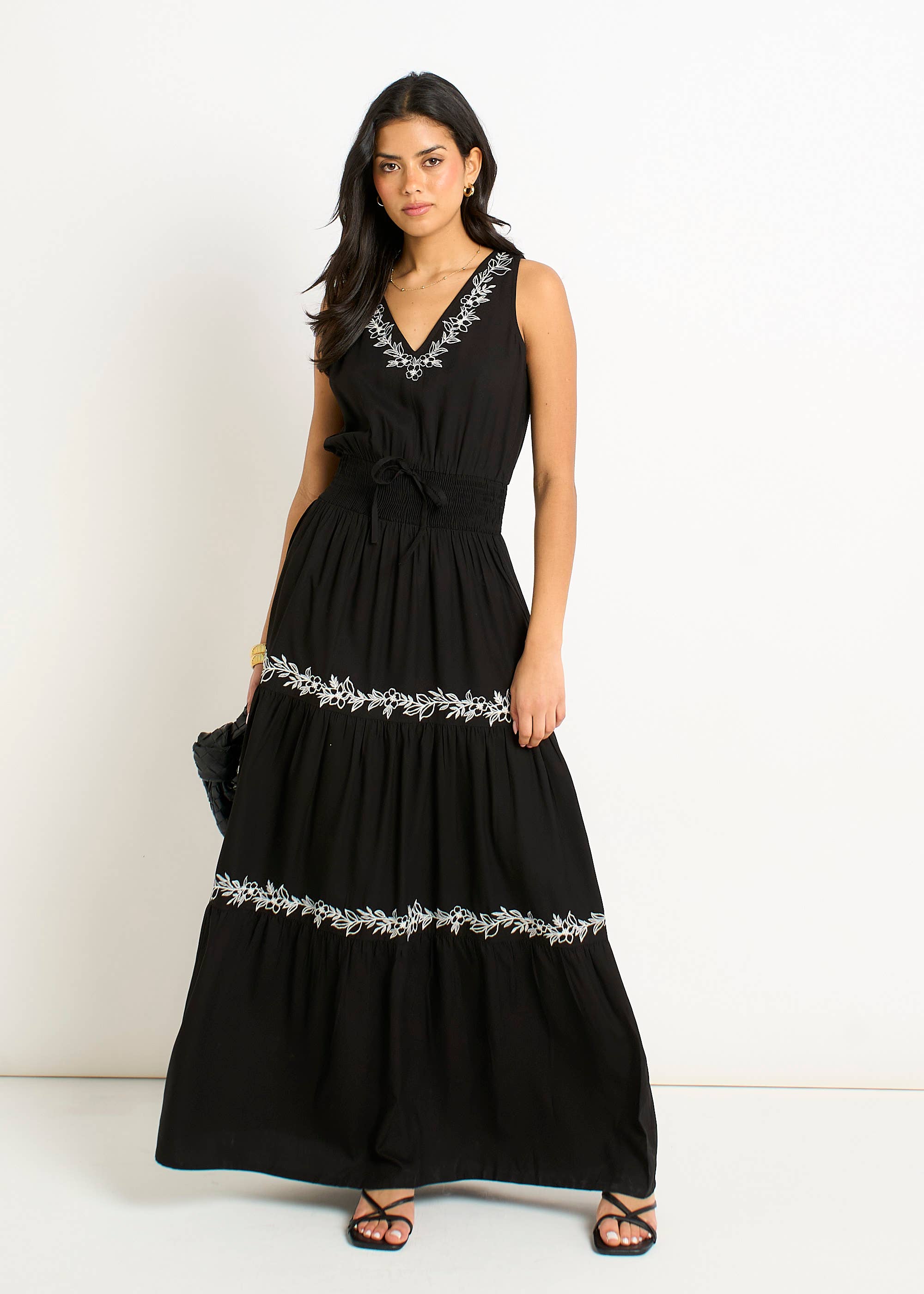 Black Floral Embroidery Tiered Maxi Dress