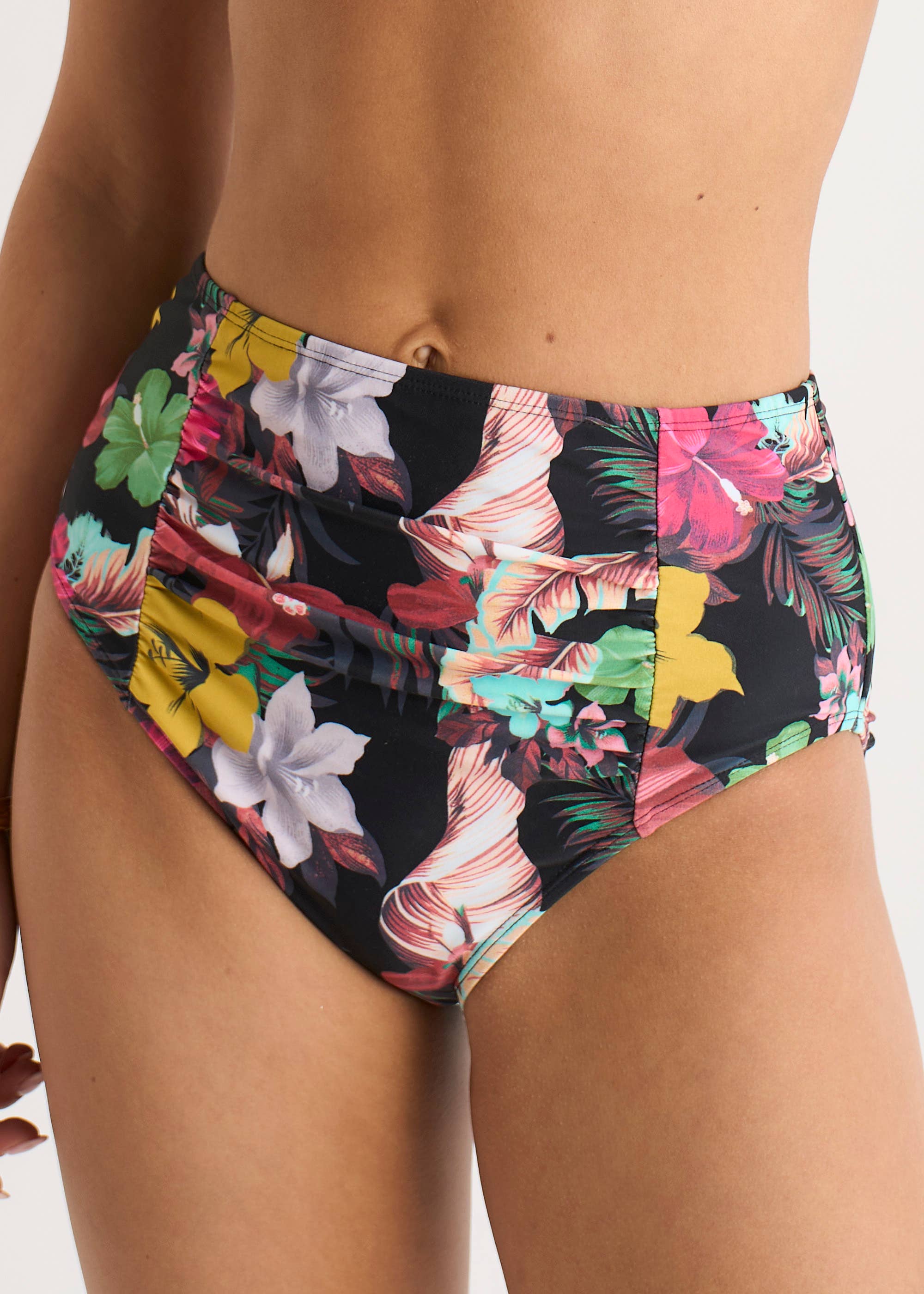Multi Tropical Floral Ruched Panel Bikini Bottom