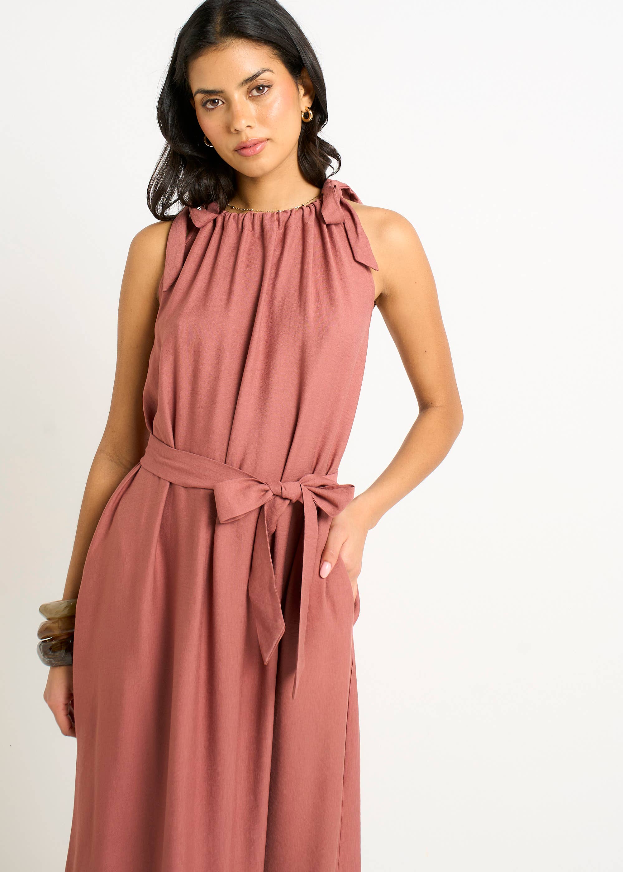 Rust Tie Shoulder Trapeze Maxi Dress