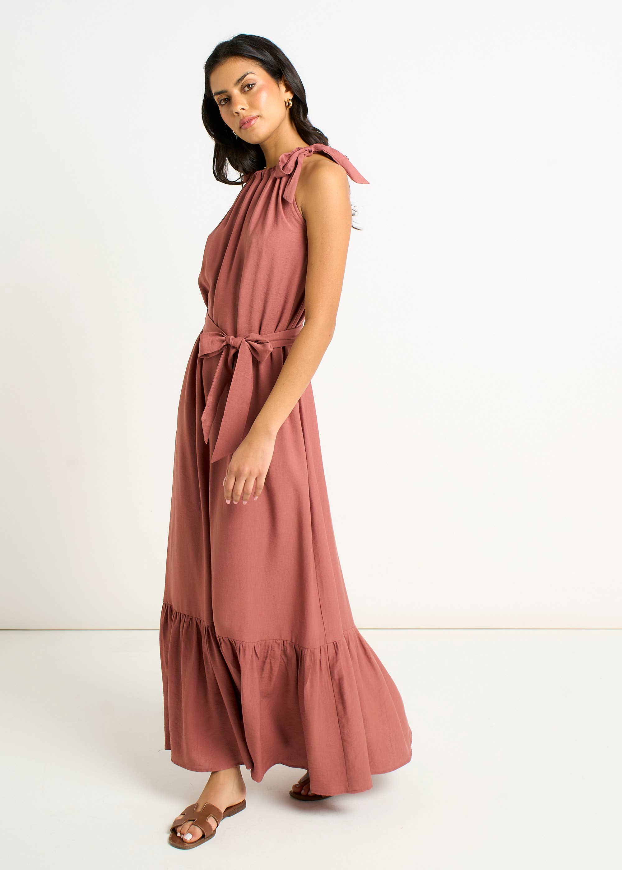 Rust Tie Shoulder Trapeze Maxi Dress