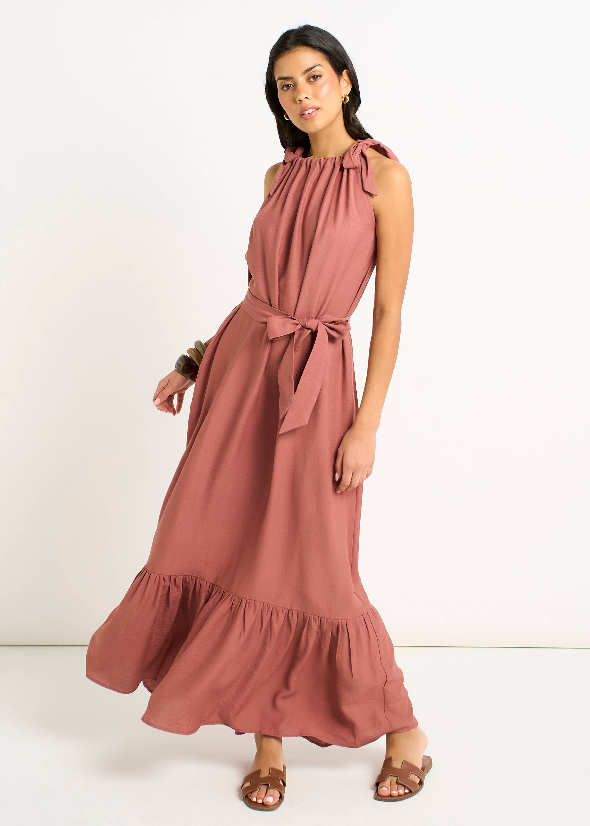 Rust Tie Shoulder Trapeze Maxi Dress