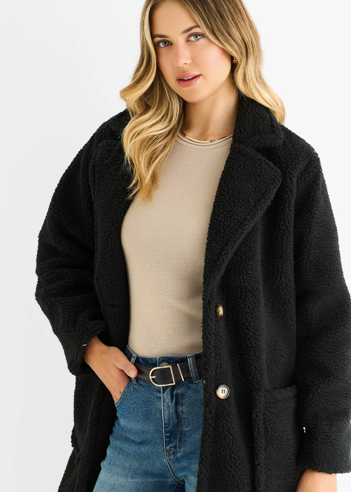 Black Faux Fur Longline Teddy Overcoat – View 2 | Gini London