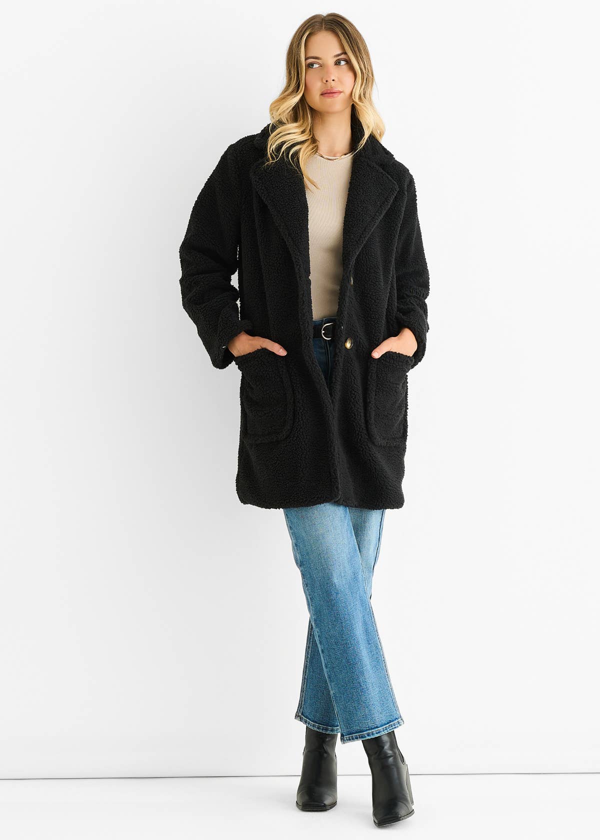 Black Faux Fur Longline Teddy Overcoat – View 1 | Gini London