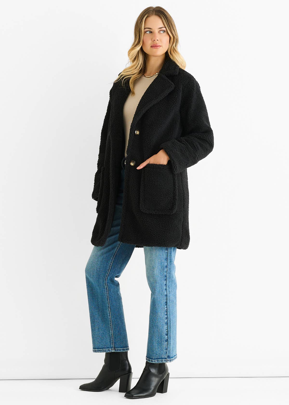 Black Faux Fur Longline Teddy Overcoat – View 3 | Gini London