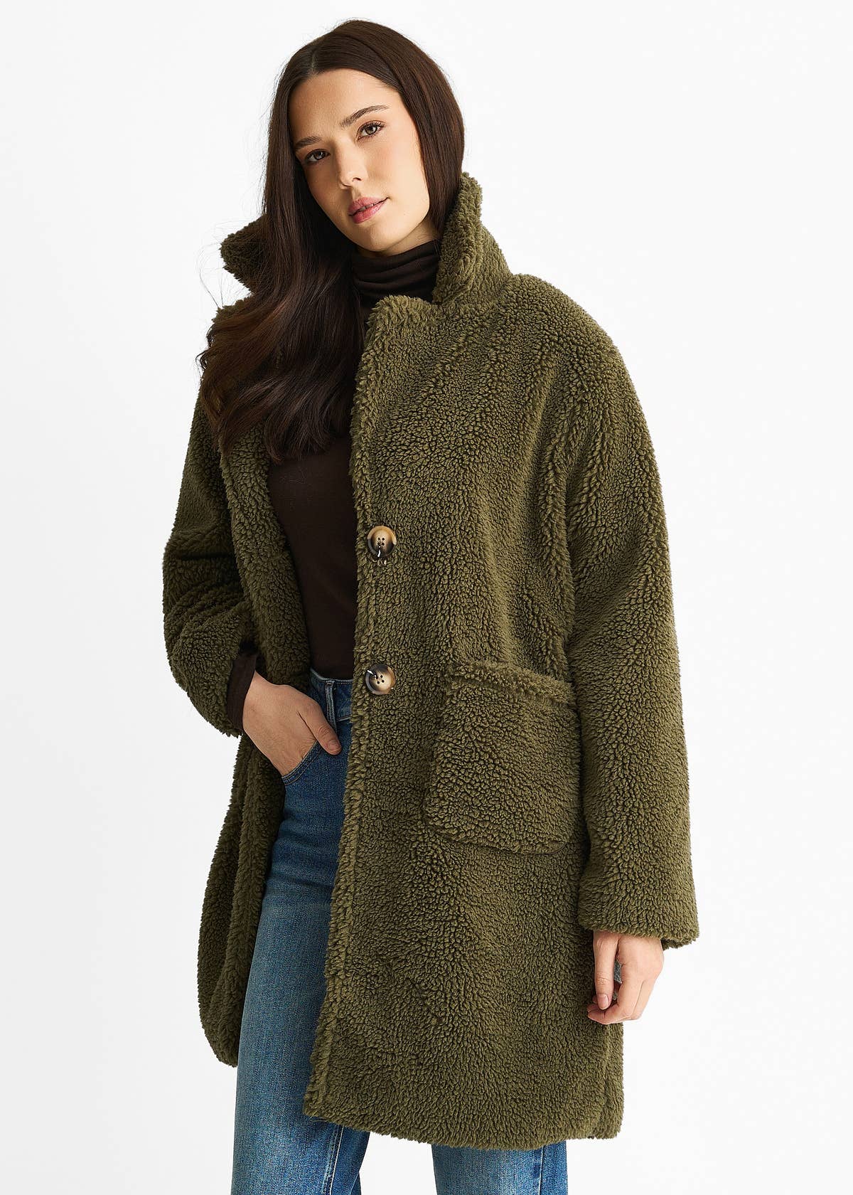 Khaki Faux Fur Longline Teddy Overcoat – View 4 | Gini London