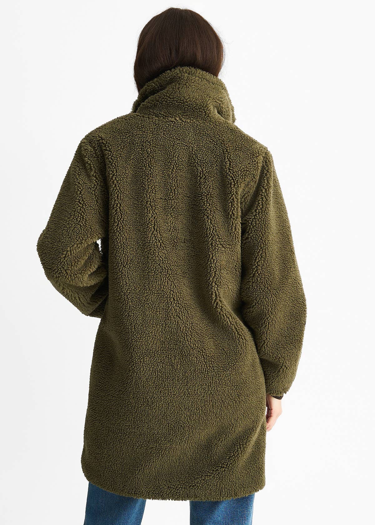 Khaki Faux Fur Longline Teddy Overcoat – View 2 | Gini London