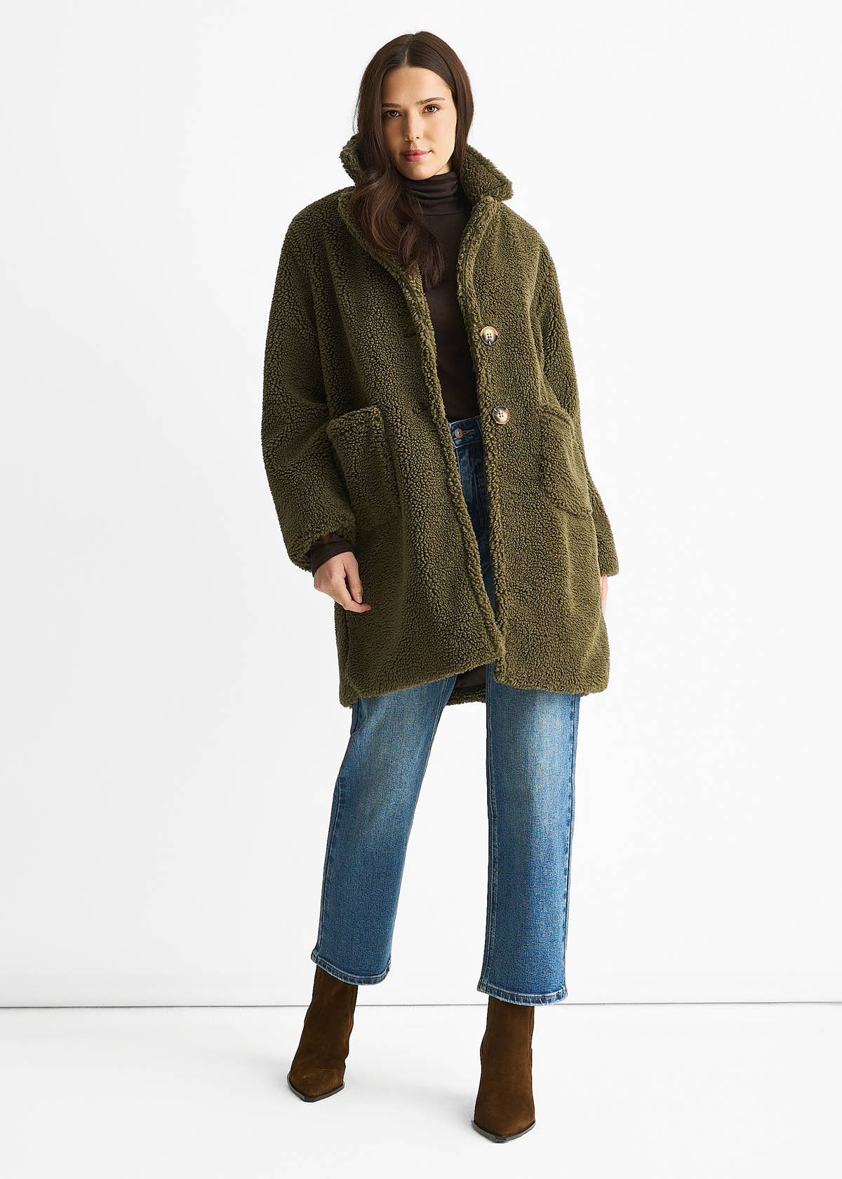 Khaki Faux Fur Longline Teddy Overcoat – View 1 | Gini London