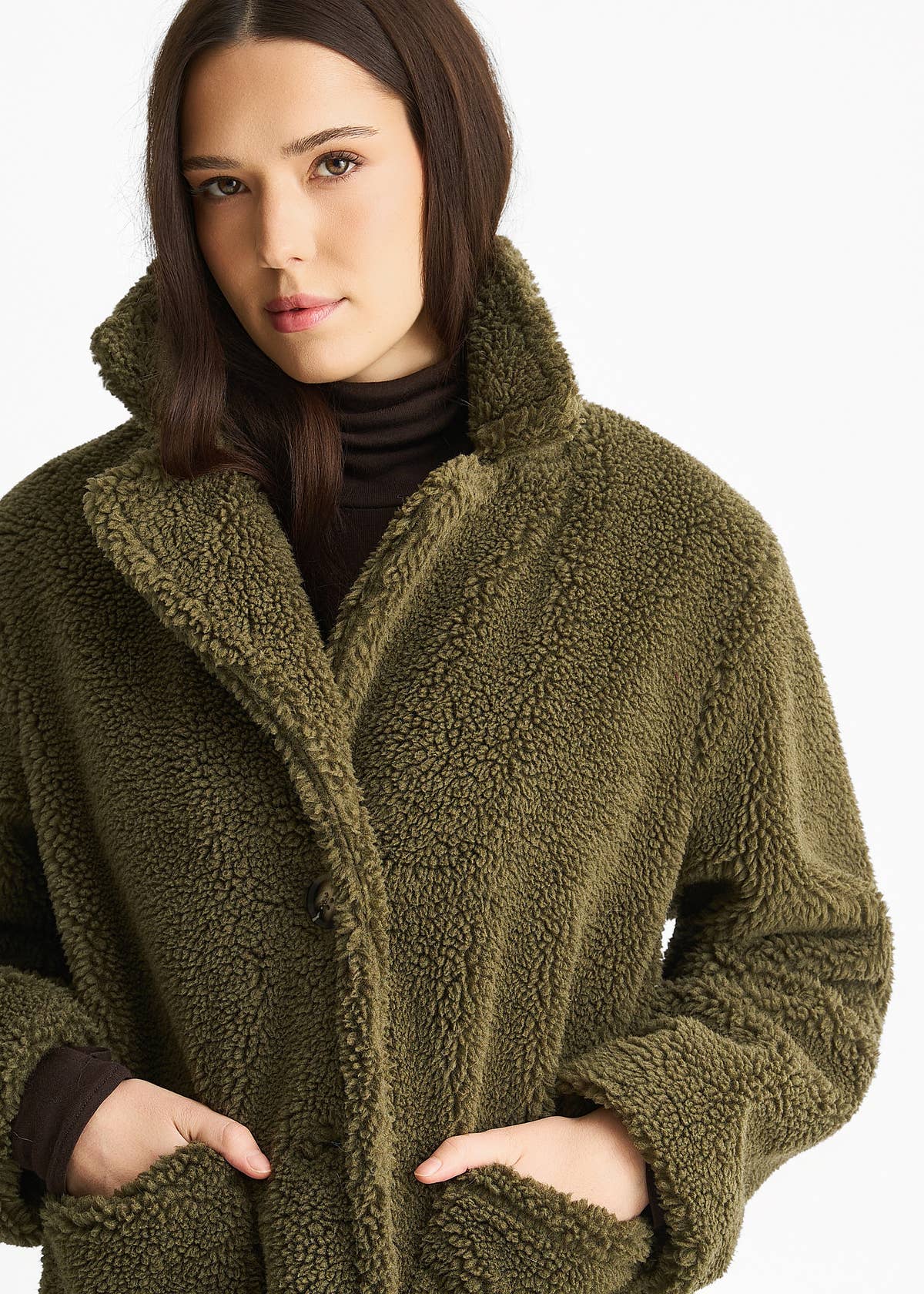 Khaki Faux Fur Longline Teddy Overcoat – View 3 | Gini London