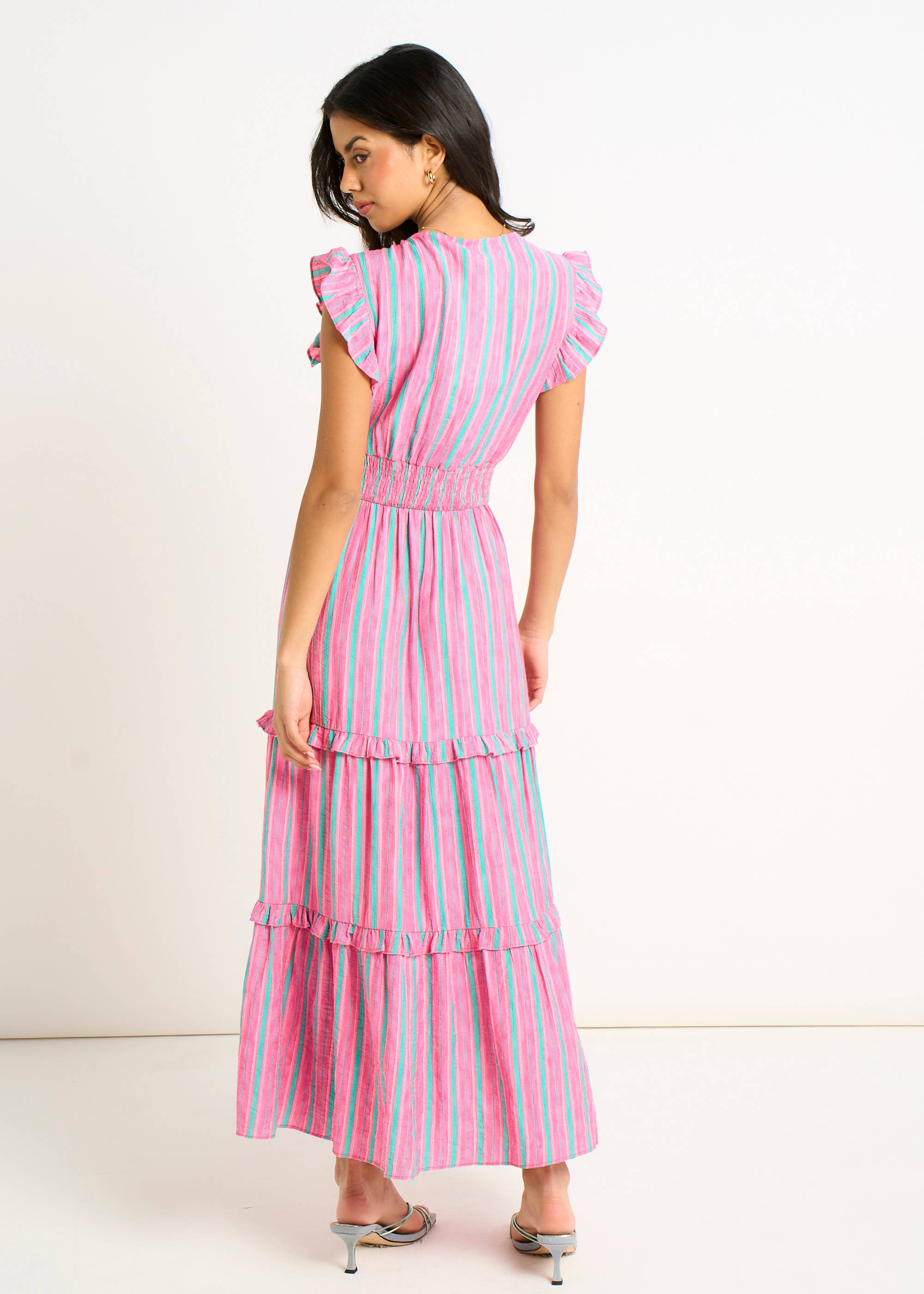 Pink Summer Stripe Shirred Waist Maxi Dress