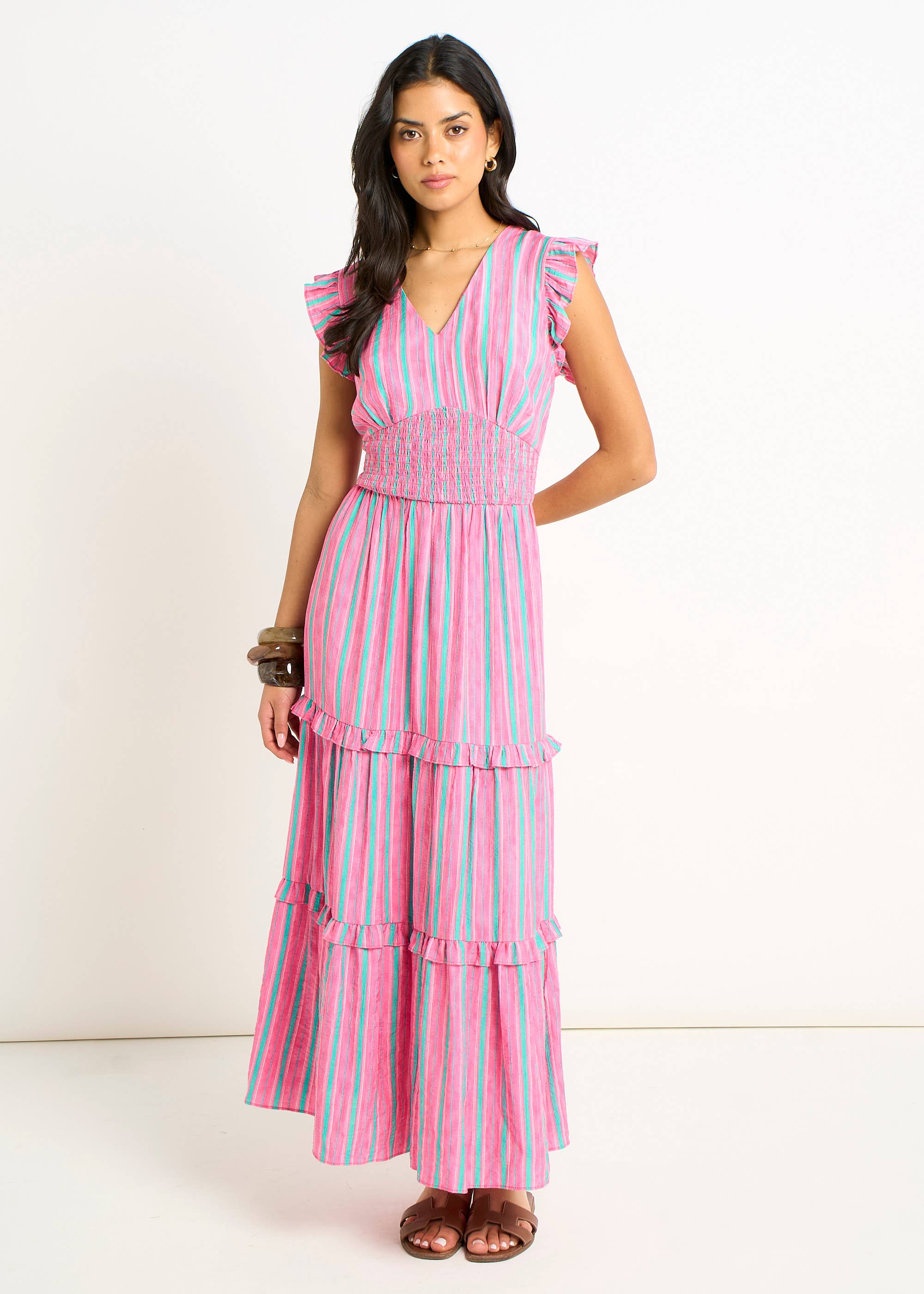 Pink Summer Stripe Shirred Waist Maxi Dress