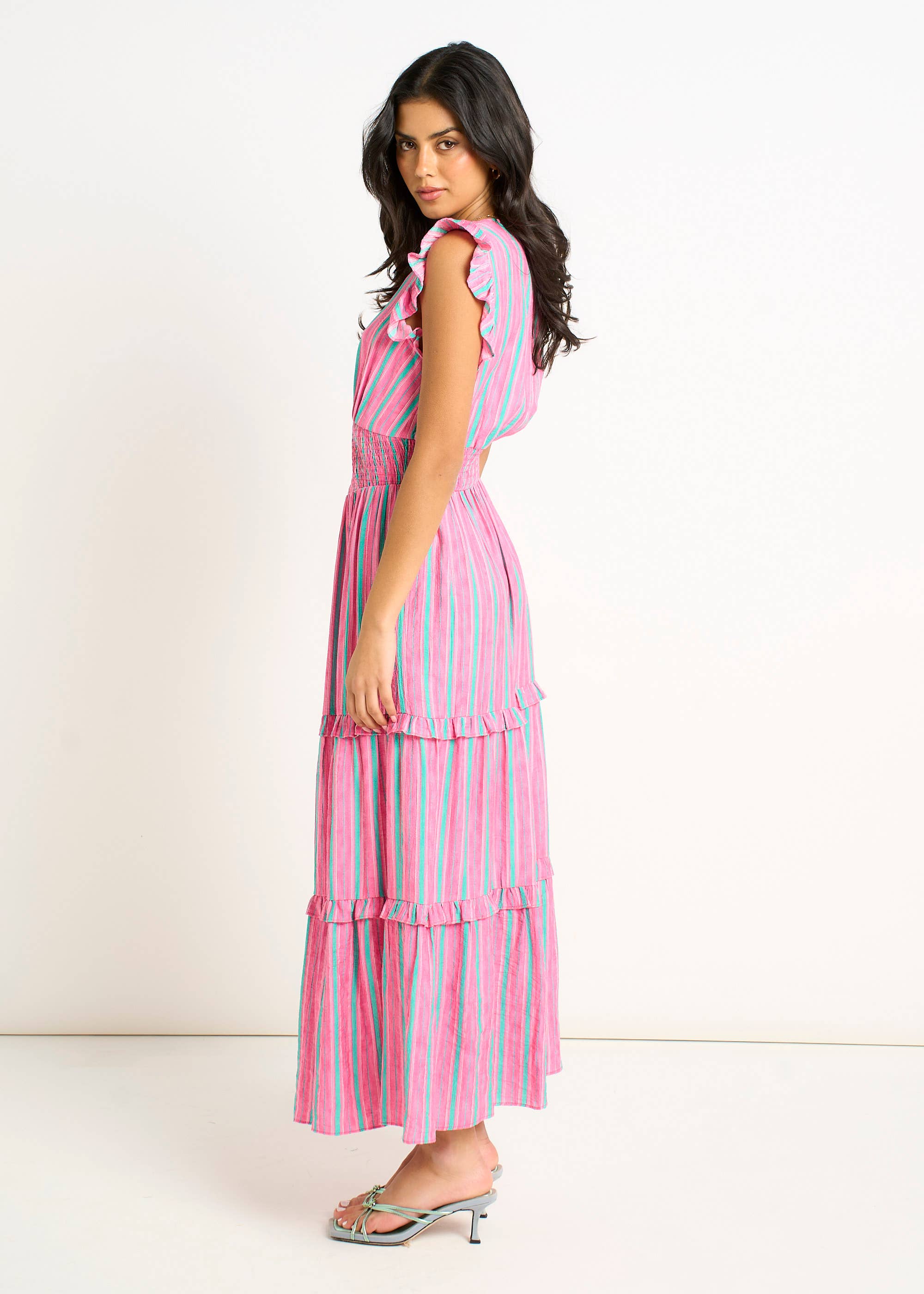 Pink Summer Stripe Shirred Waist Maxi Dress