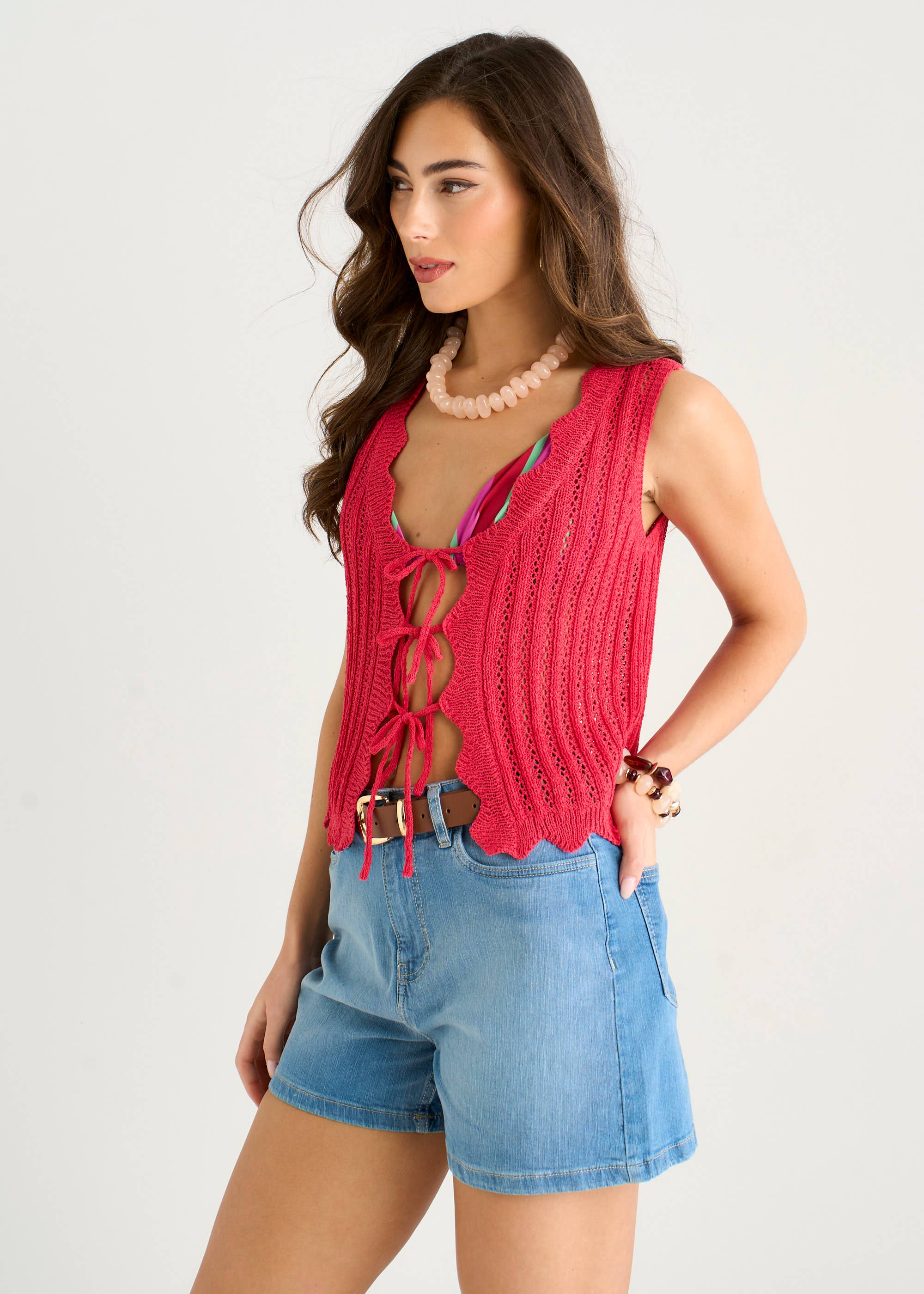 Pink Scallop Crochet Tie Front Waistcoat