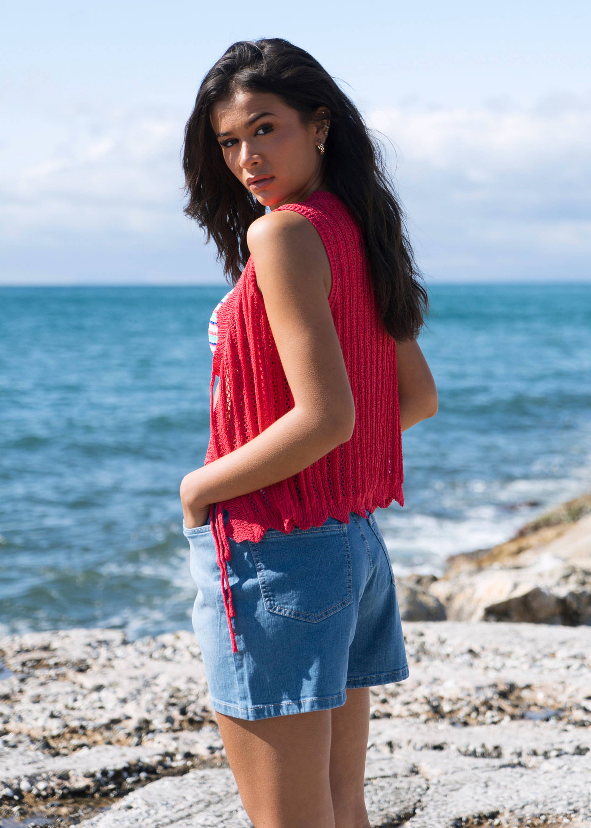 Pink Scallop Crochet Tie Front Waistcoat
