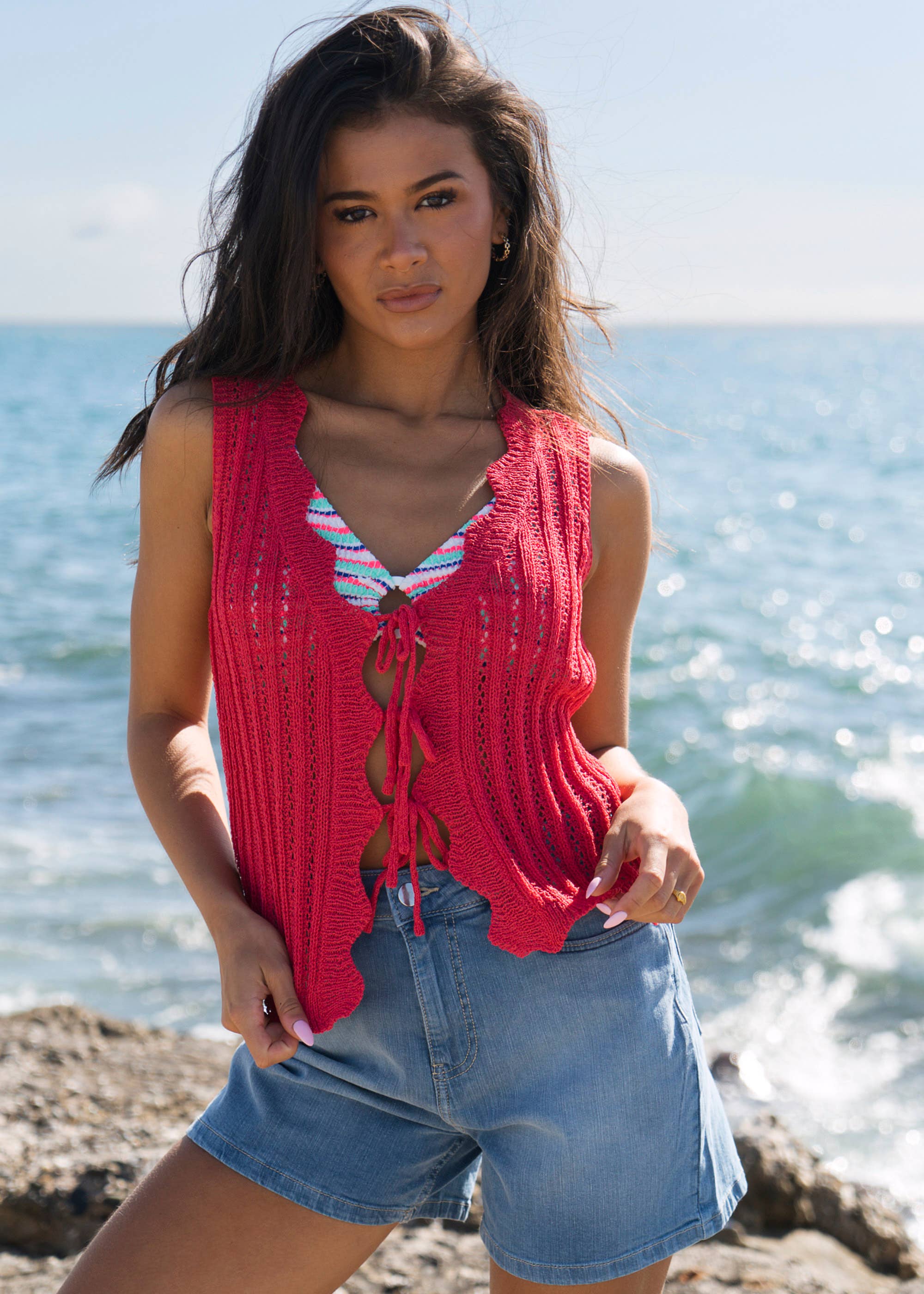 Pink Scallop Crochet Tie Front Waistcoat