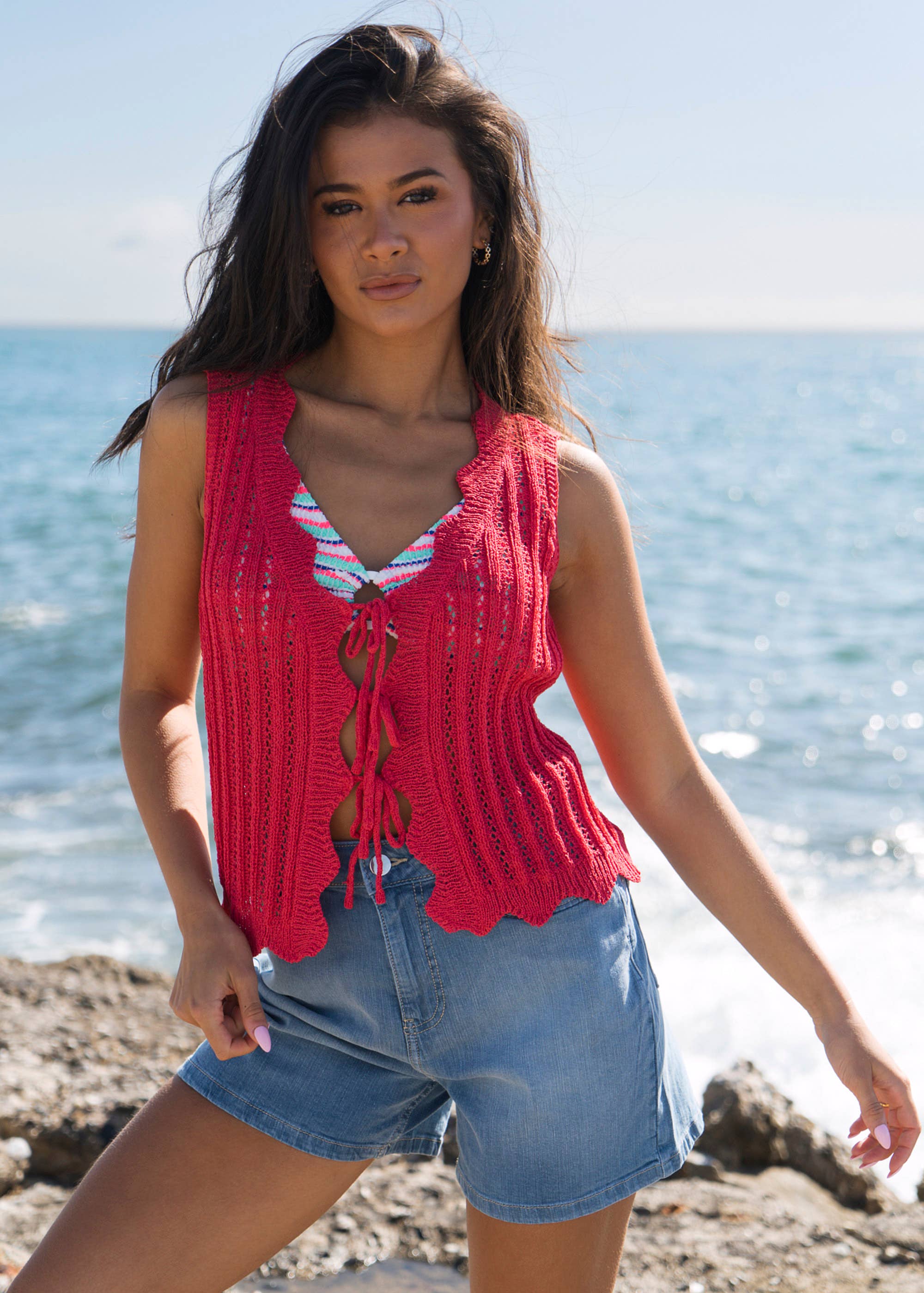 Pink Scallop Crochet Tie Front Waistcoat