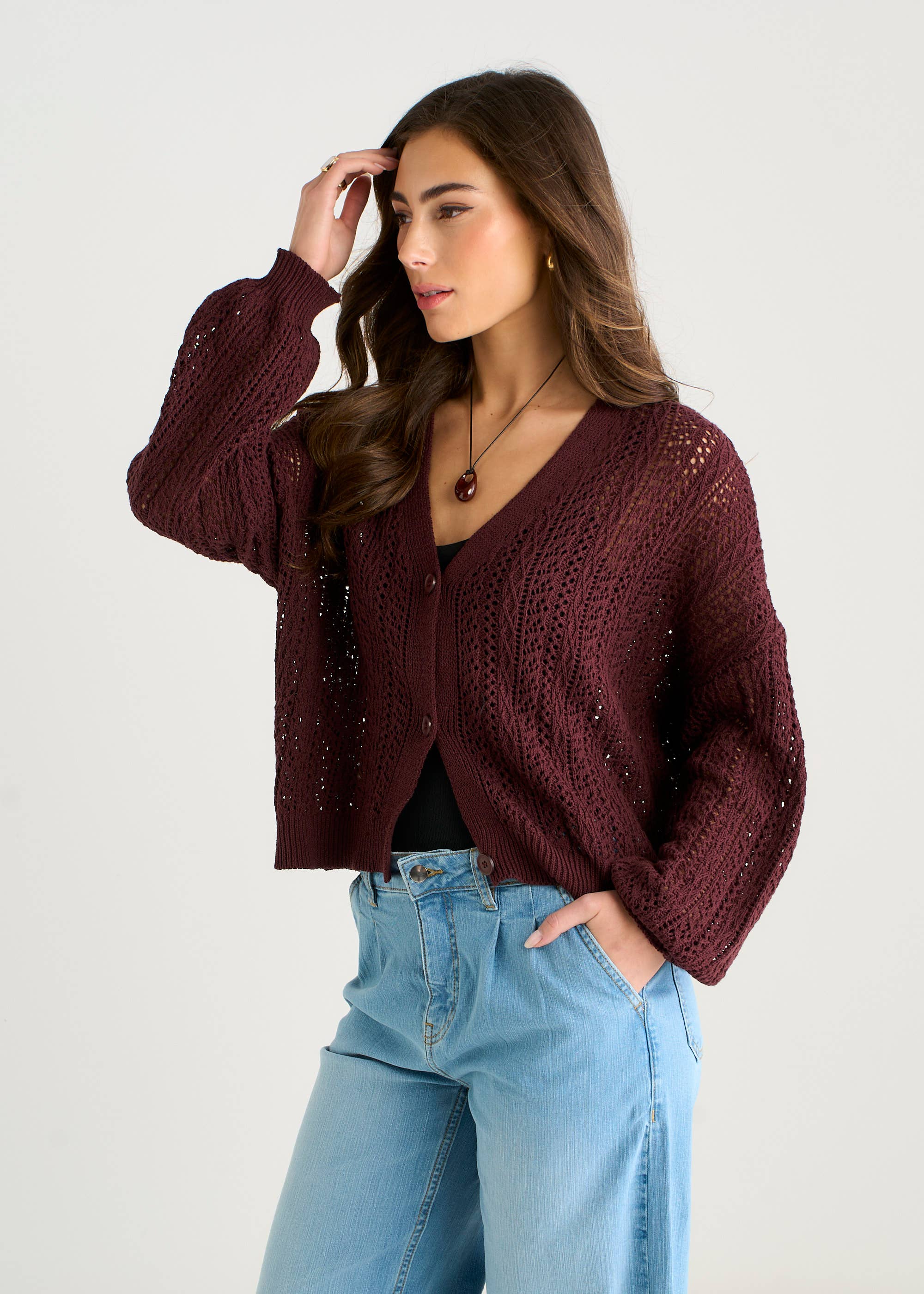 Chocolate Pointelle Knit Button-Front Cardigan