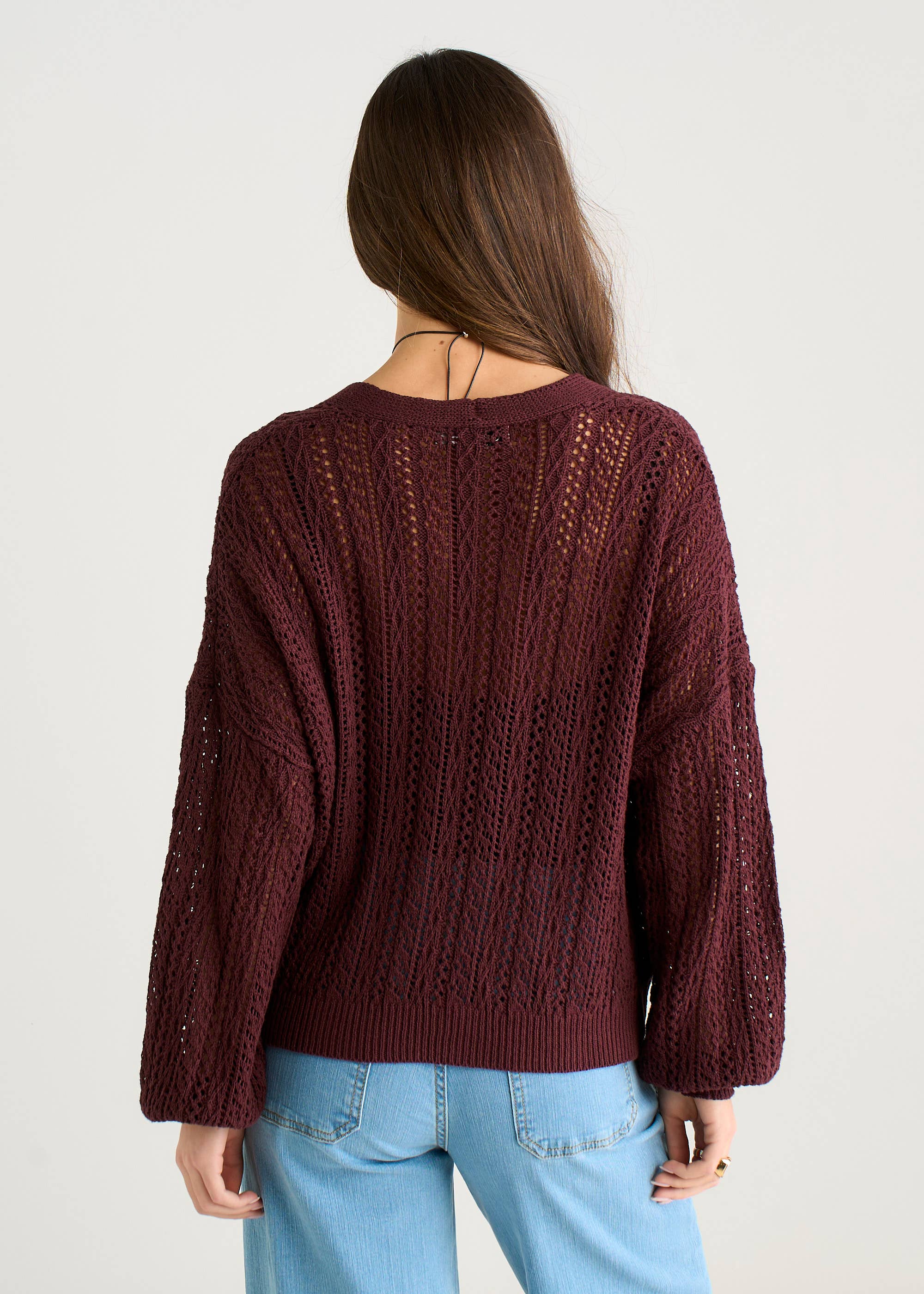Chocolate Pointelle Knit Button-Front Cardigan