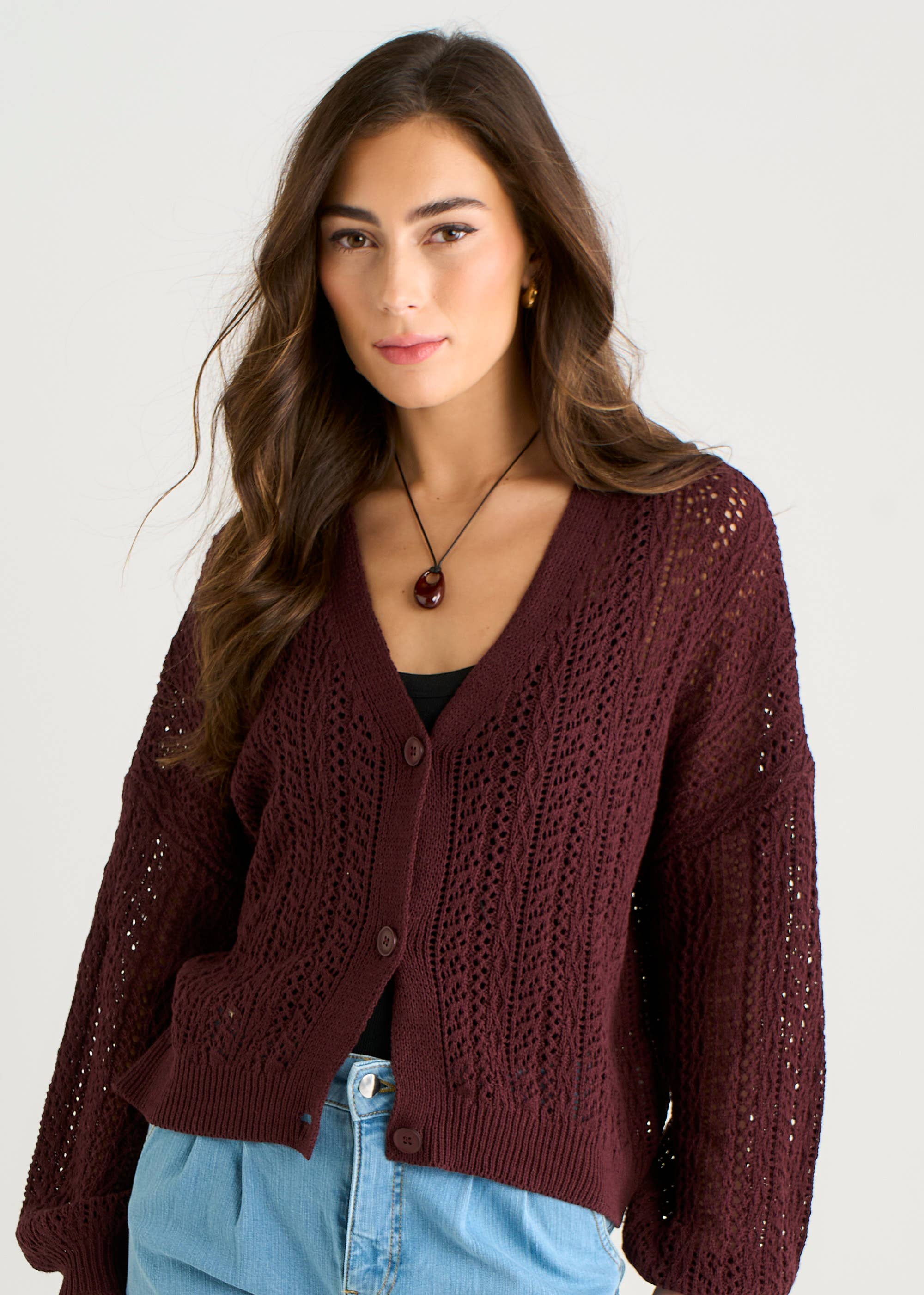 Chocolate Pointelle Knit Button-Front Cardigan