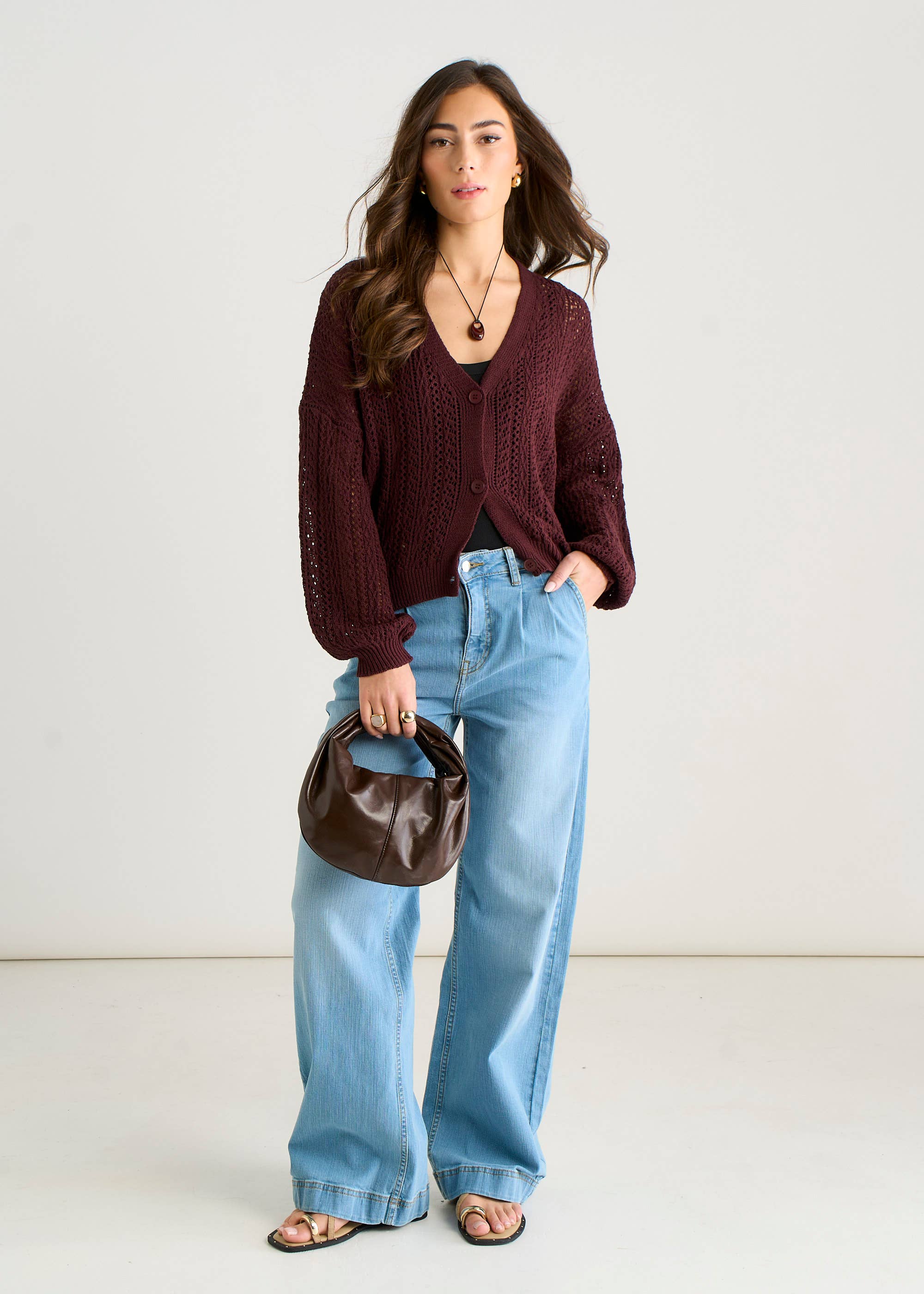 Chocolate Pointelle Knit Button-Front Cardigan