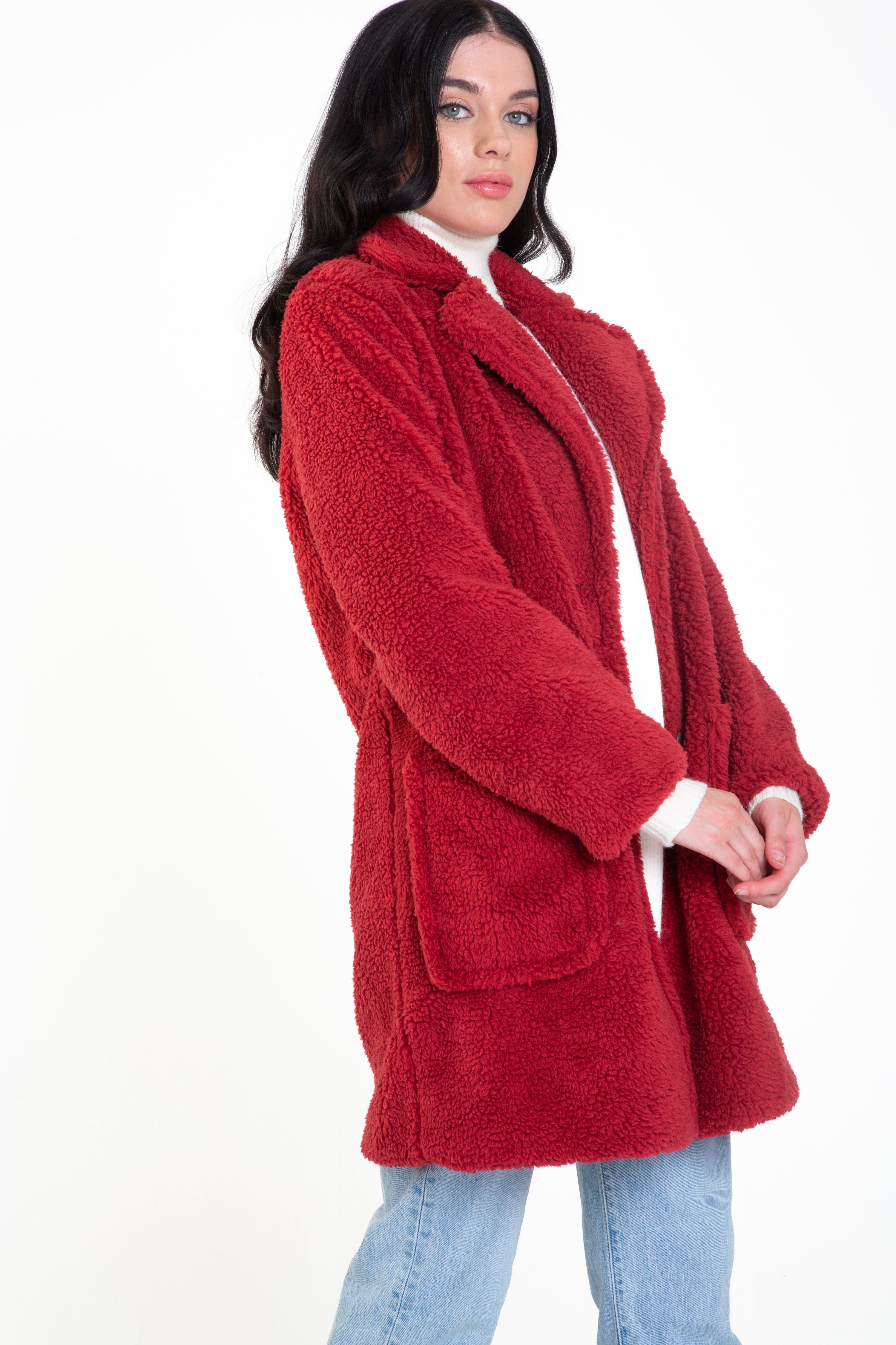 Burgundy Faux Fur Longline Teddy Overcoat