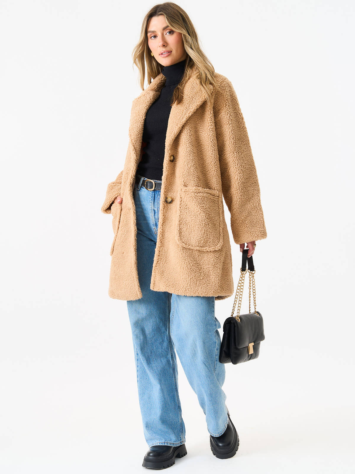 Camel Faux Fur Longline Teddy Overcoat – View 1 | Gini London