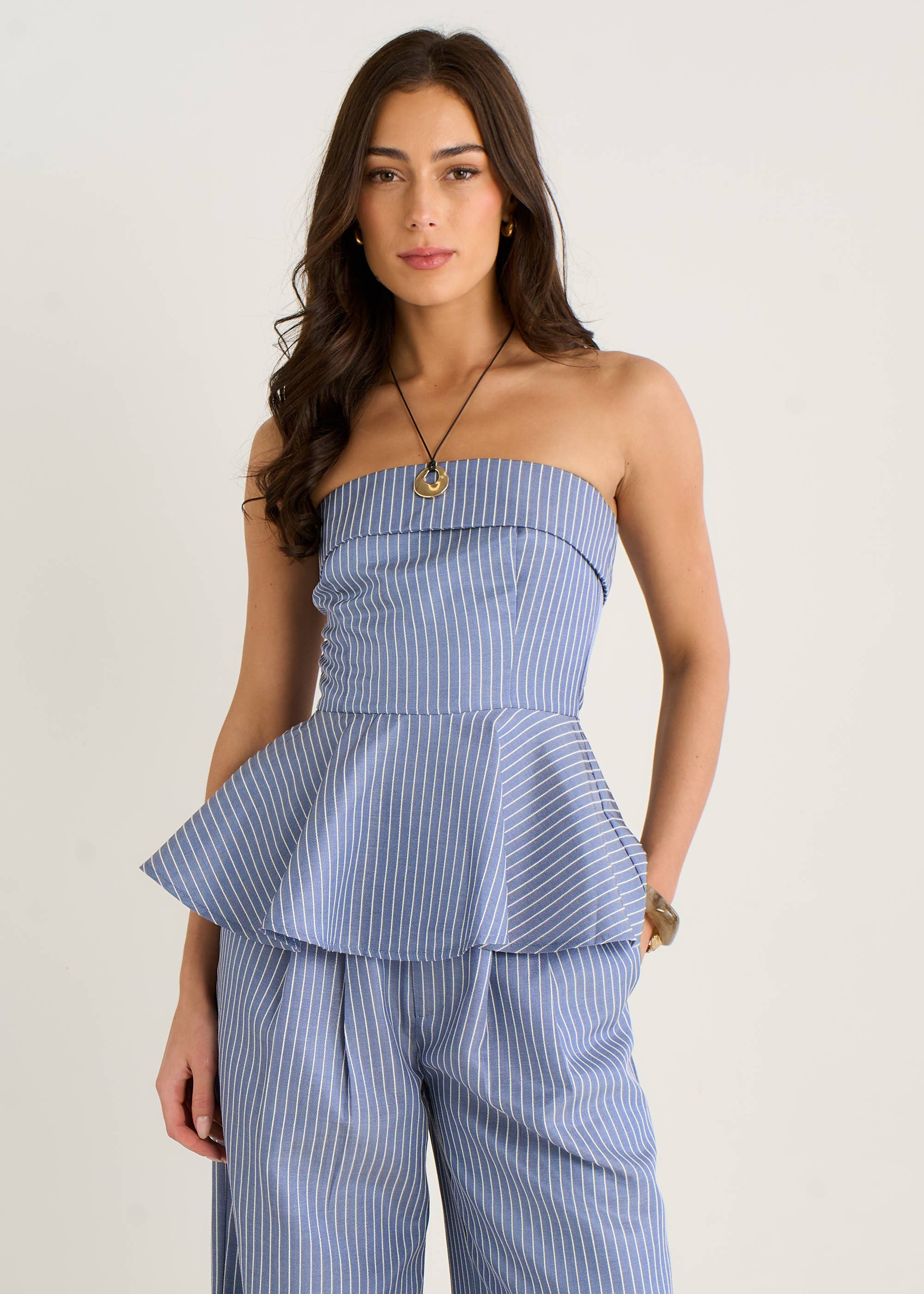 Blue Bardot Stripe Peplum Top