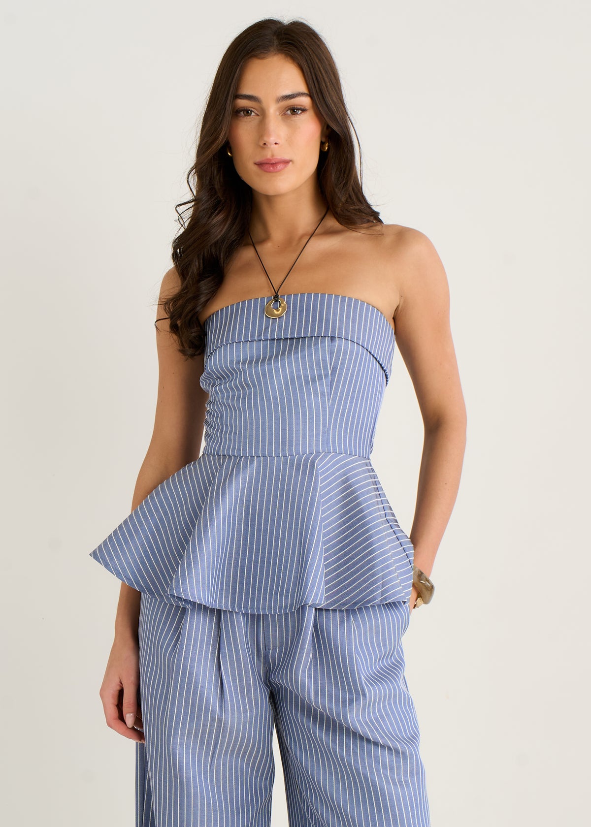 Blue Bardot Stripe Peplum Top