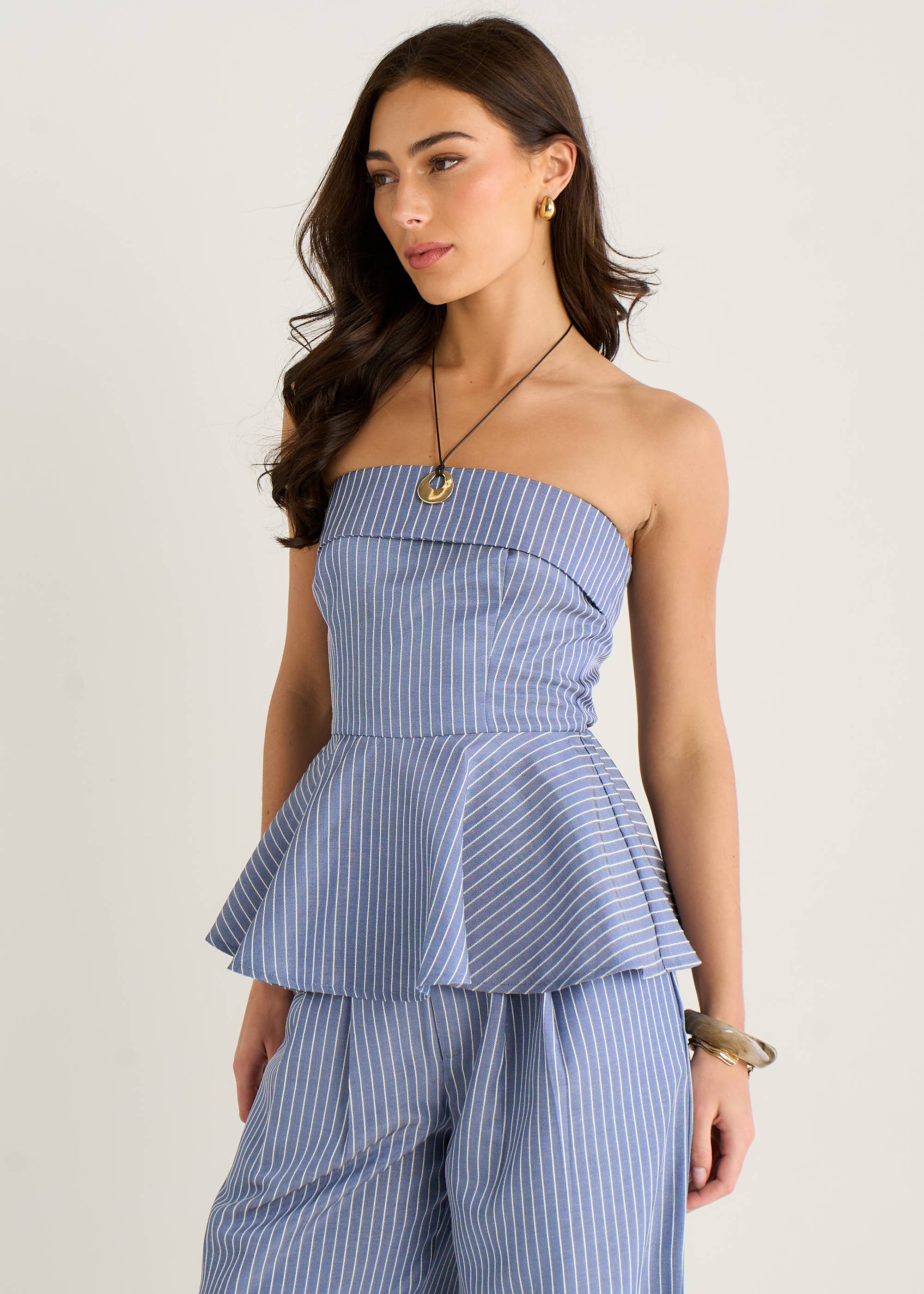 Blue Bardot Stripe Peplum Top
