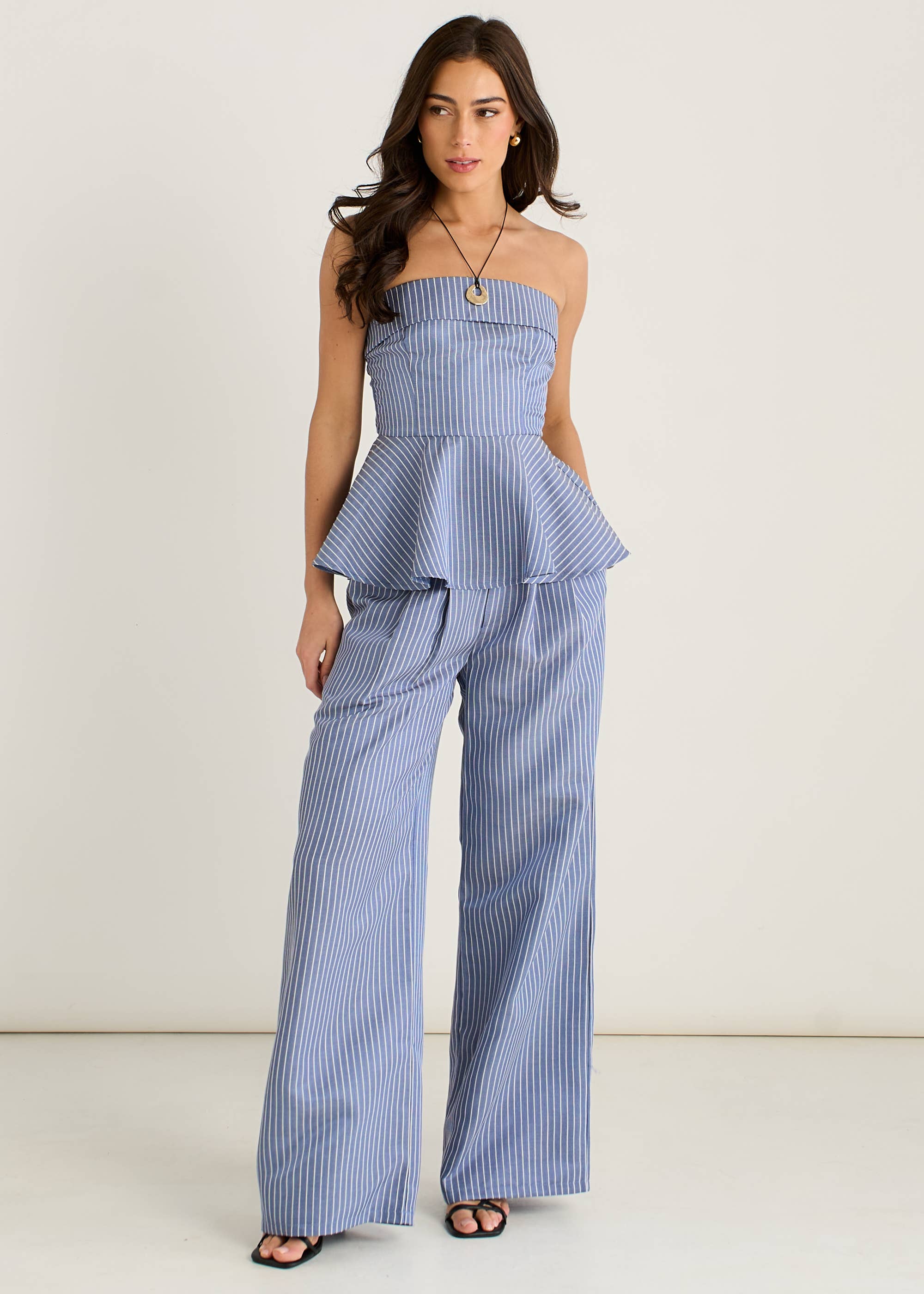 Blue Bardot Stripe Peplum Top