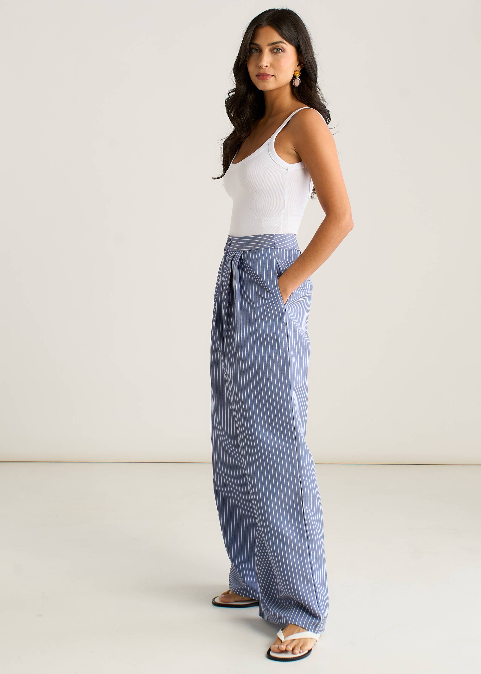 Blue Wide Leg Pleat Front Formal Trousers