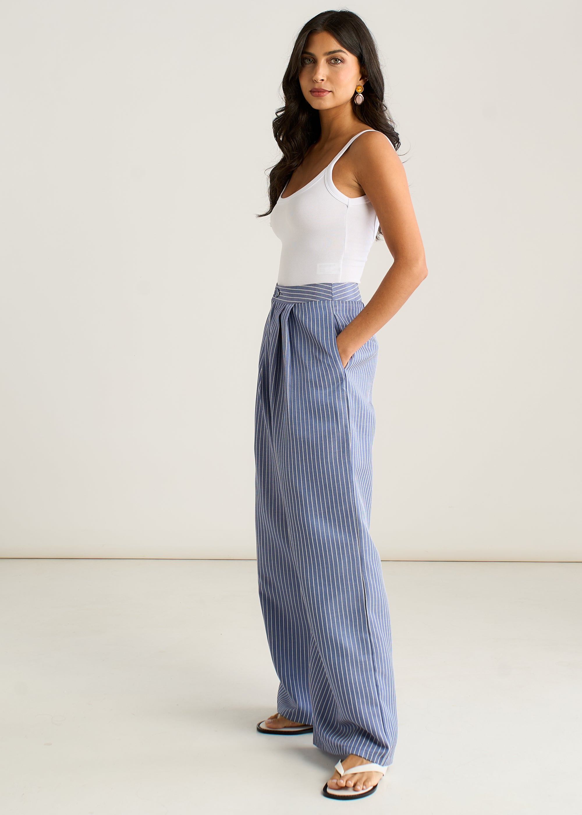 Blue Wide Leg Pleat Front Formal Trousers