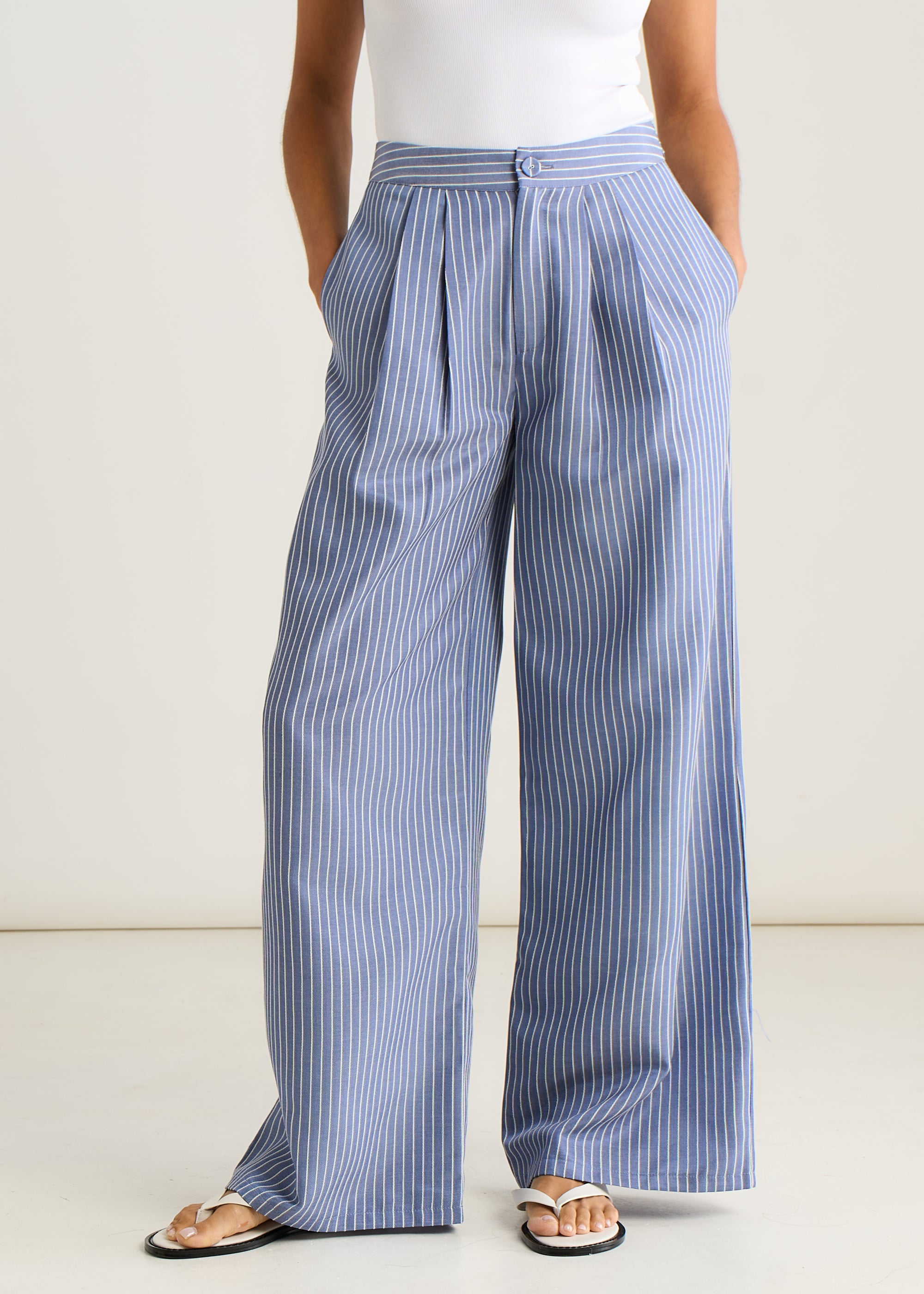 Blue Wide Leg Pleat Front Formal Trousers
