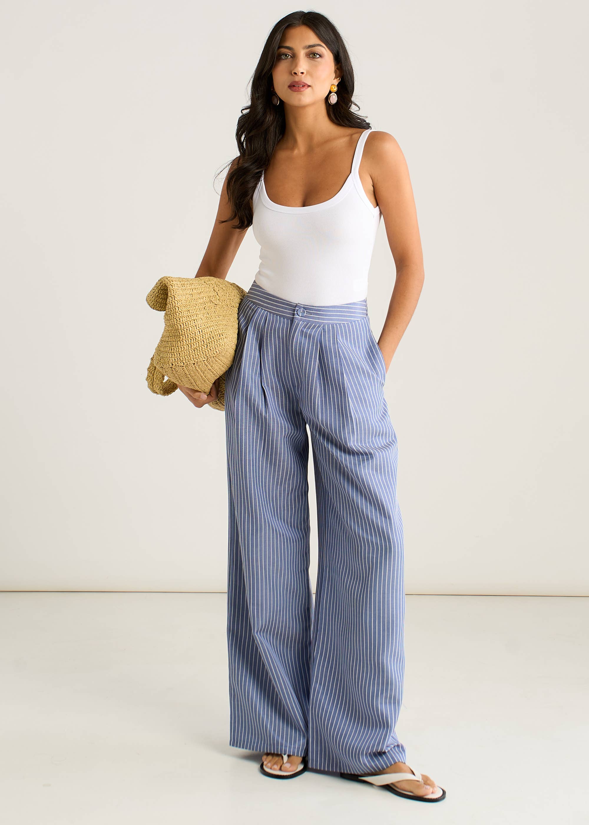 Blue Wide Leg Pleat Front Formal Trousers