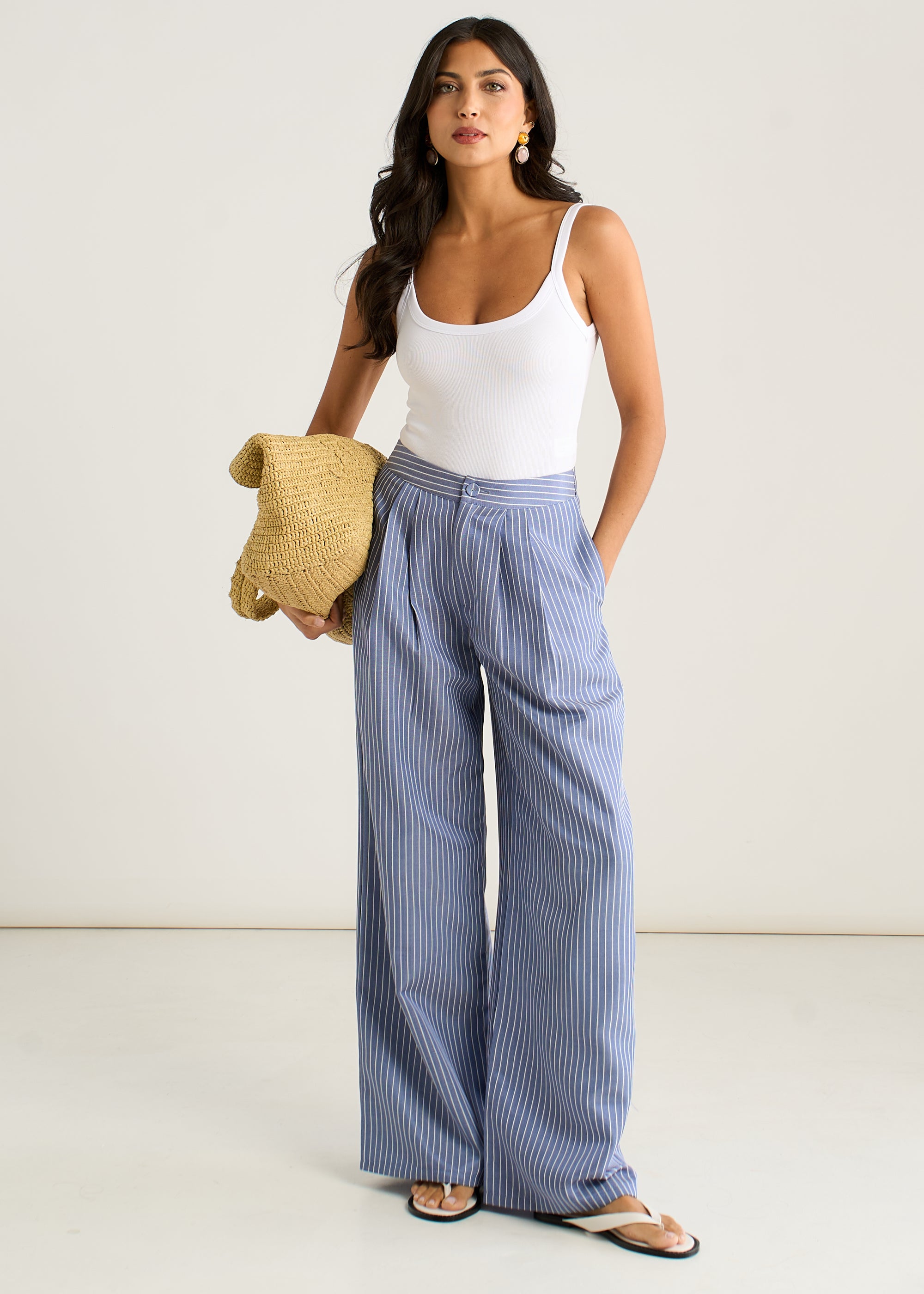 Blue Wide Leg Pleat Front Formal Trousers