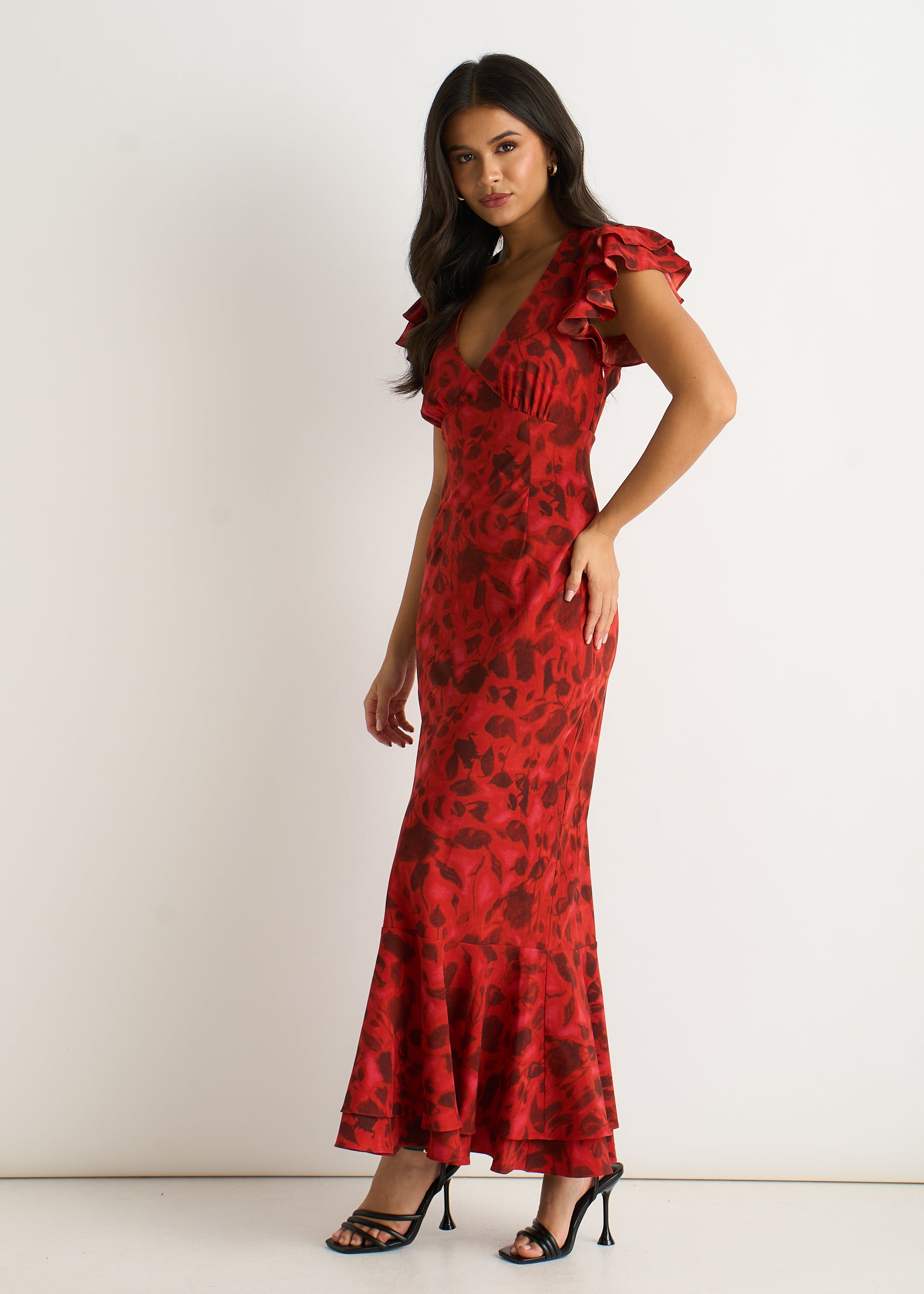 Red V Neck Floral Print Ruffle Maxi Dress