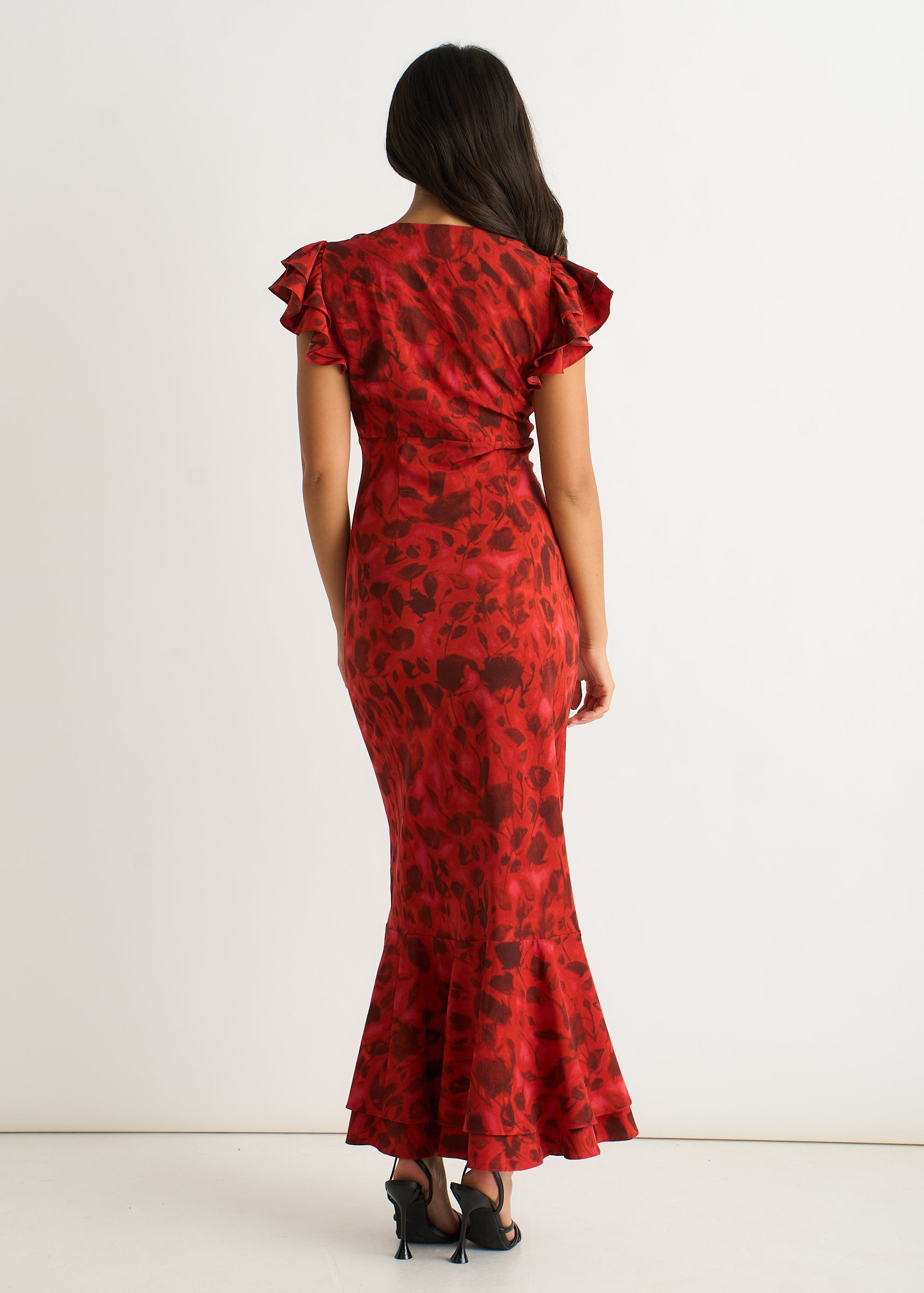Red V Neck Floral Print Ruffle Maxi Dress