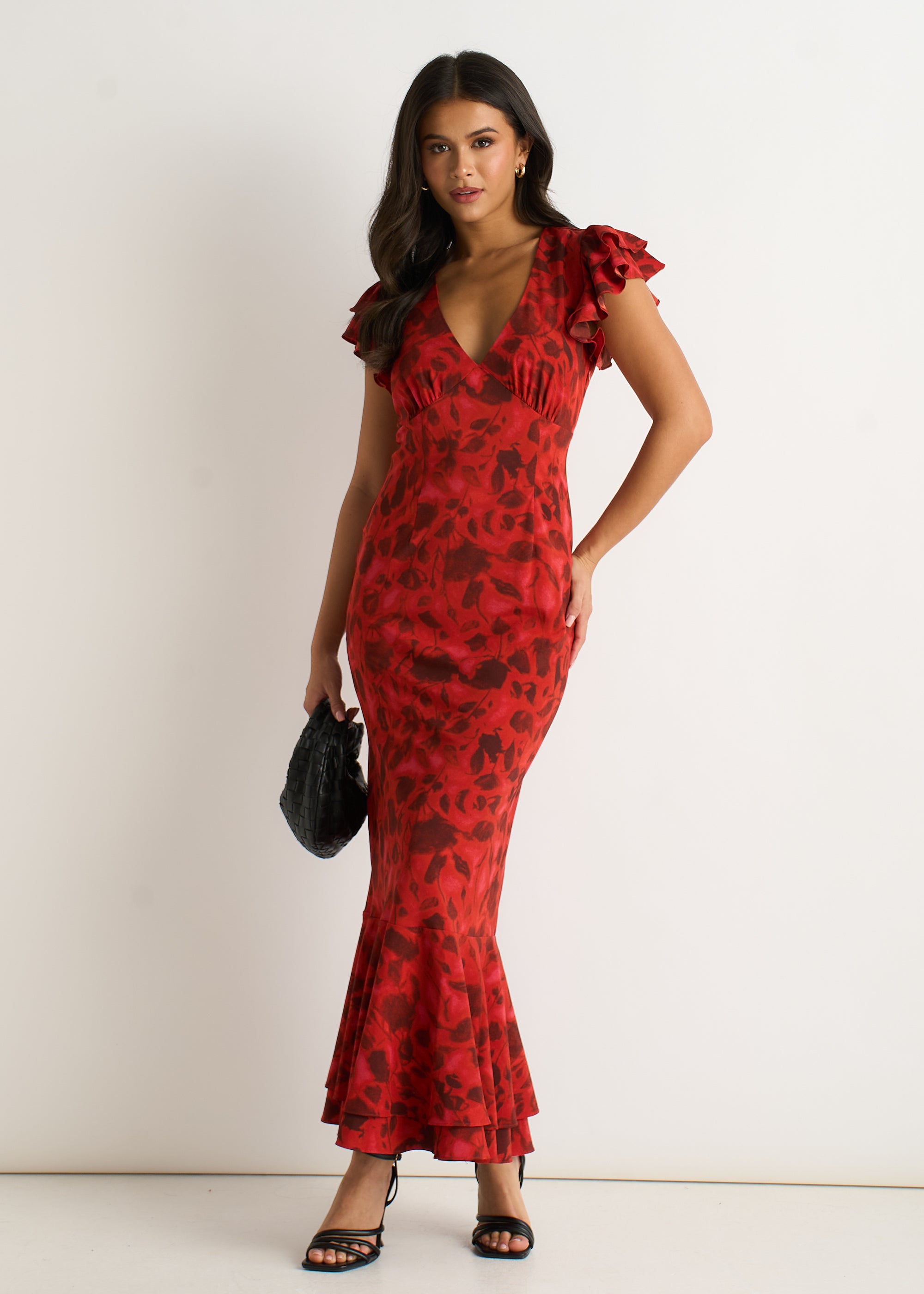 Red V Neck Floral Print Ruffle Maxi Dress