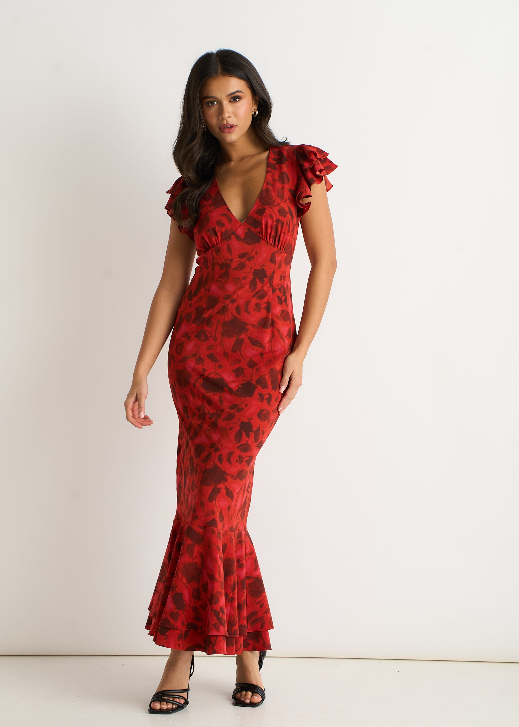 Red V Neck Floral Print Ruffle Maxi Dress