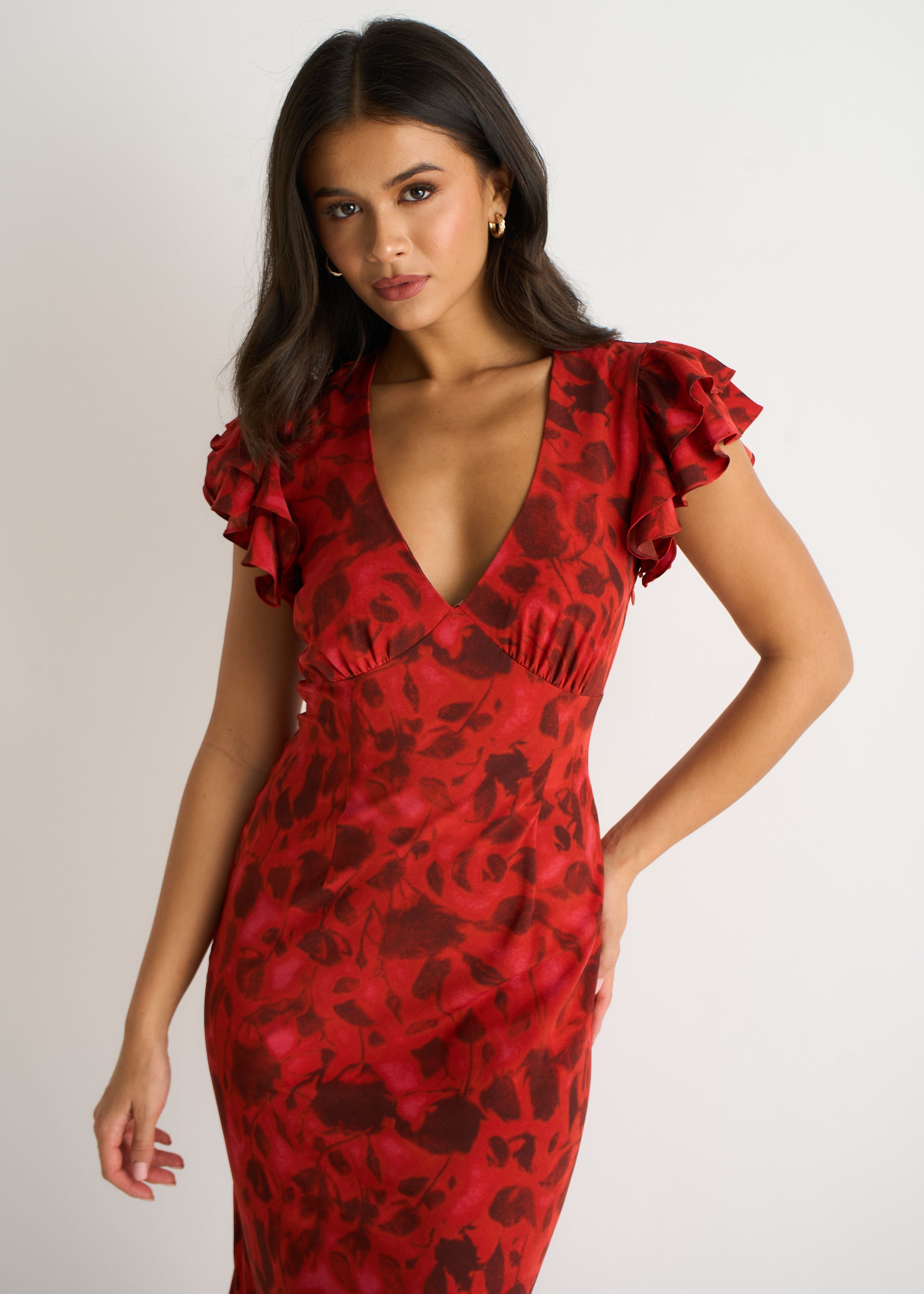 Red V Neck Floral Print Ruffle Maxi Dress