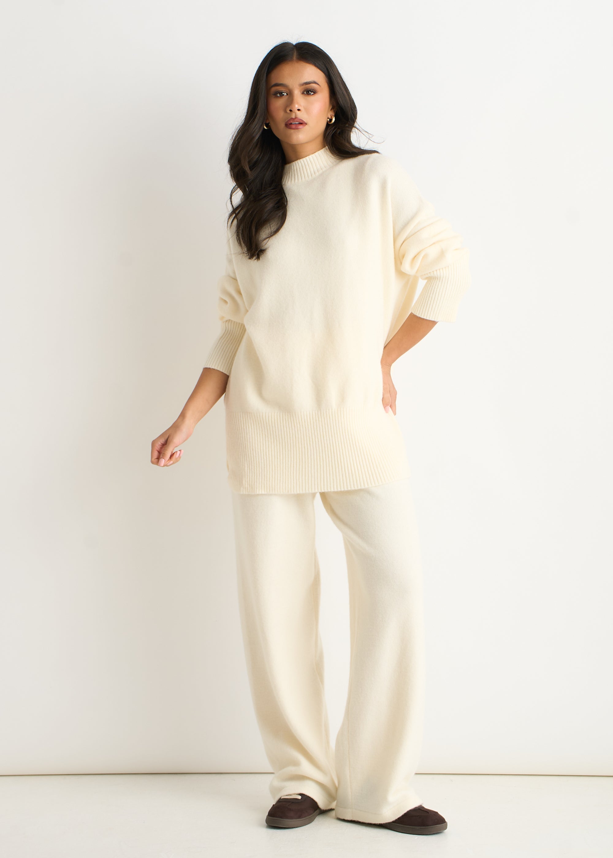 Off White Knitted Pull On Wide Leg Trousers