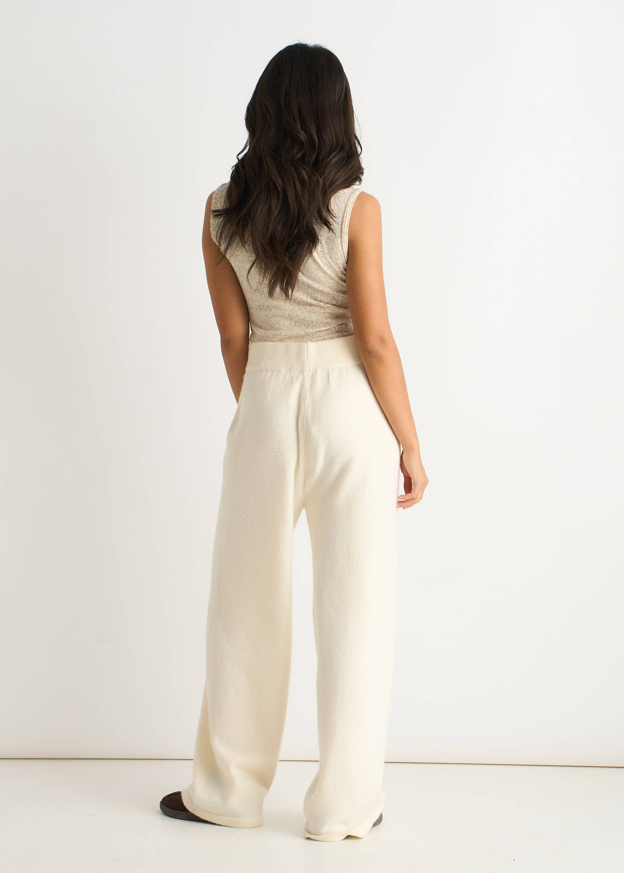 Off White Knitted Pull On Wide Leg Trousers