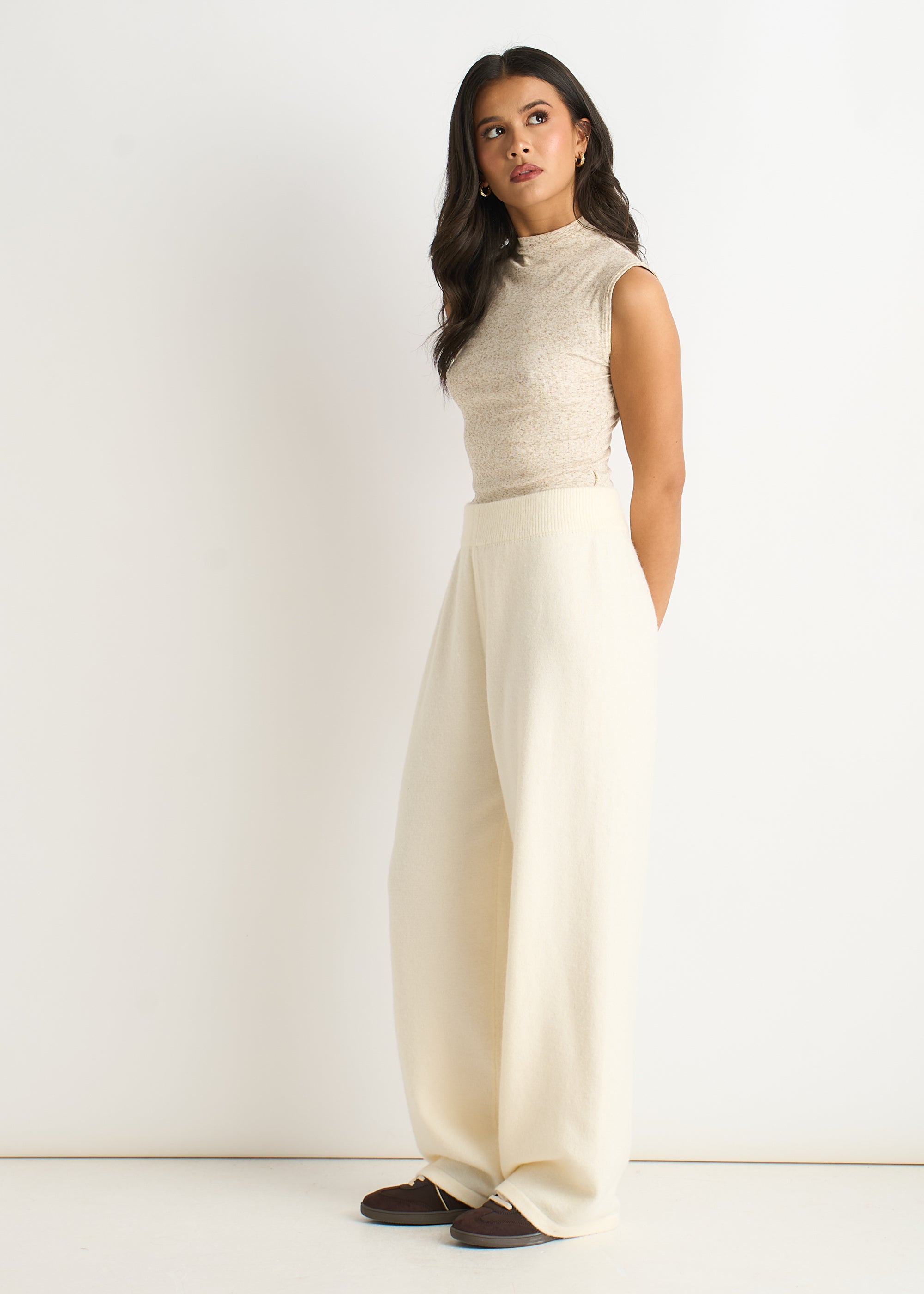Off White Knitted Pull On Wide Leg Trousers