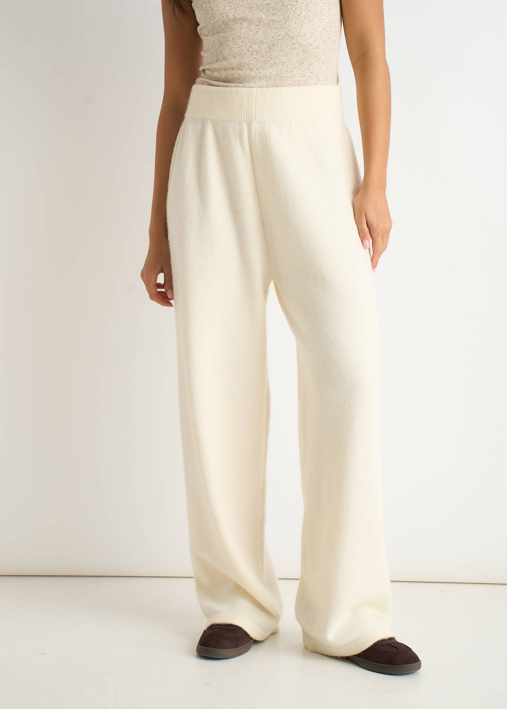 Off White Knitted Pull On Wide Leg Trousers