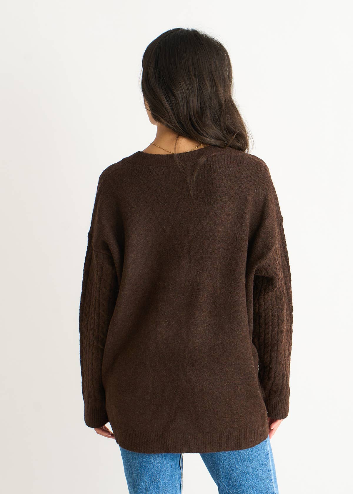 Brown Textured Knit Long Sleeve Pocket Cardigan – View 3 | Gini London