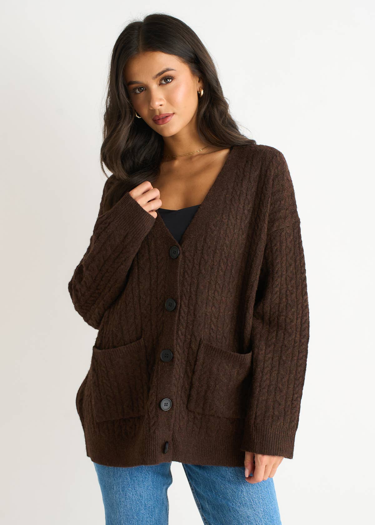 Brown Textured Knit Long Sleeve Pocket Cardigan – View 1 | Gini London
