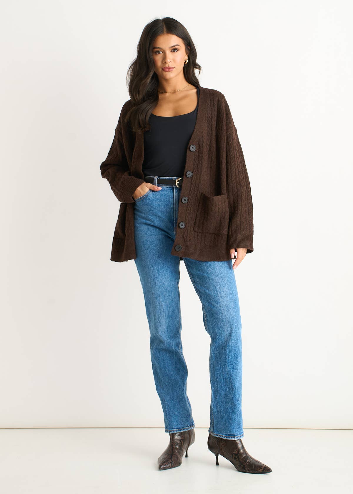 Brown Textured Knit Long Sleeve Pocket Cardigan – View 2 | Gini London